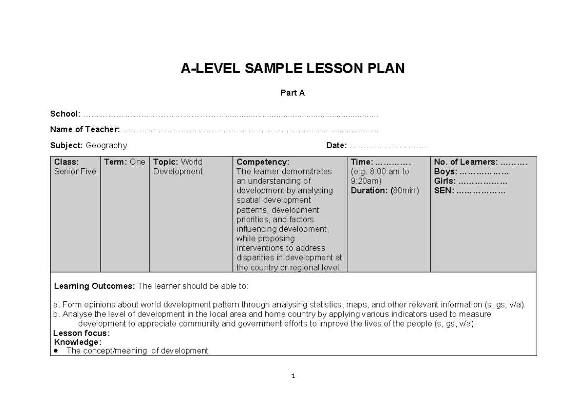 A-Level Geography Lesson Plan: Understanding World Development Patterns ...