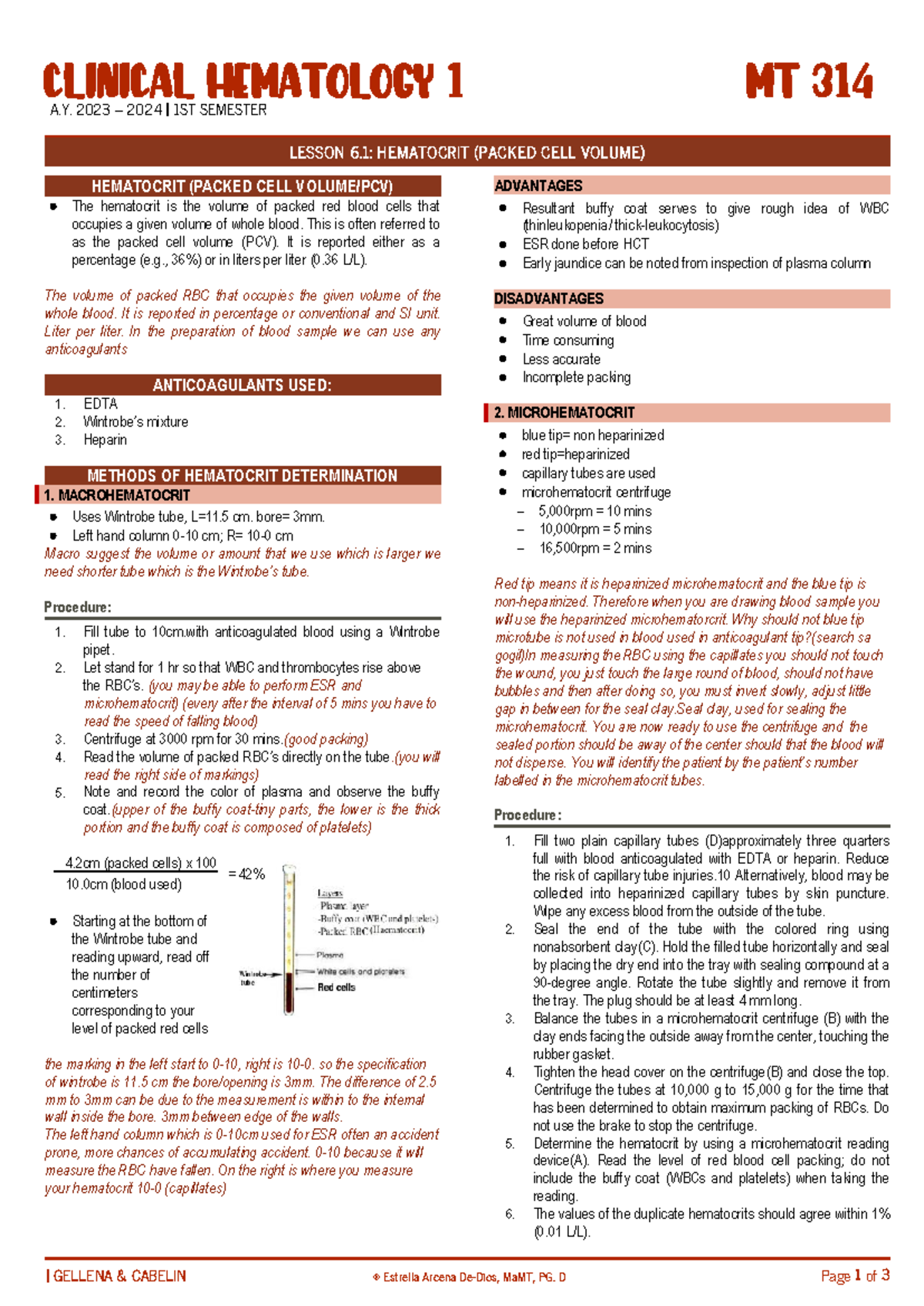 CLINICAL HEMATOLOGY 1 MT 314 A.Y. 2023-2024 1ST SEMESTER LESSON 6.1 ...