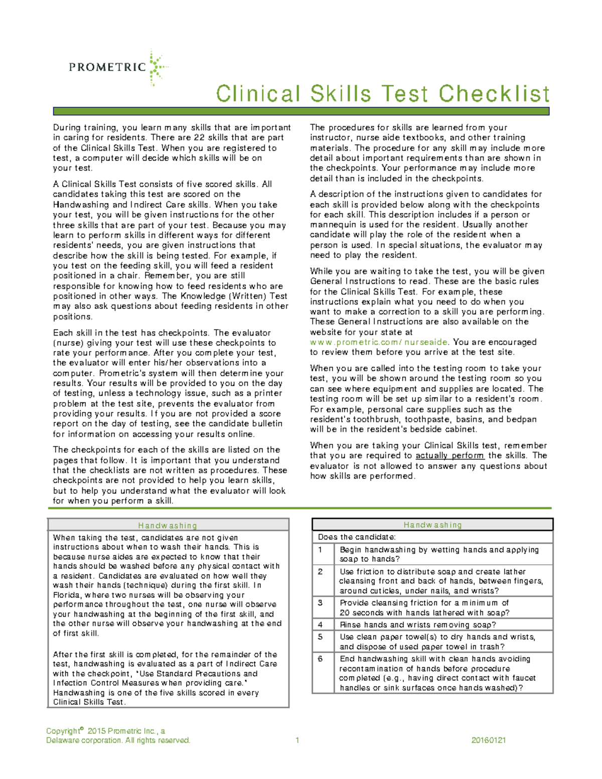 Clinical Skills Test Checklist & Indirect Care Skills (Course Code ...