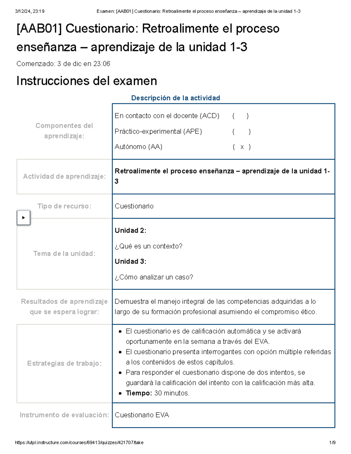 Examen Aab Cuestionario Retroalimente El Proceso Ense Anza