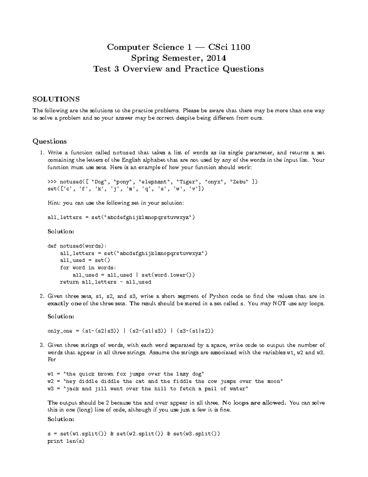 CSci 1100 Spring 2014 Test 3 Overview and Solutions - Studocu