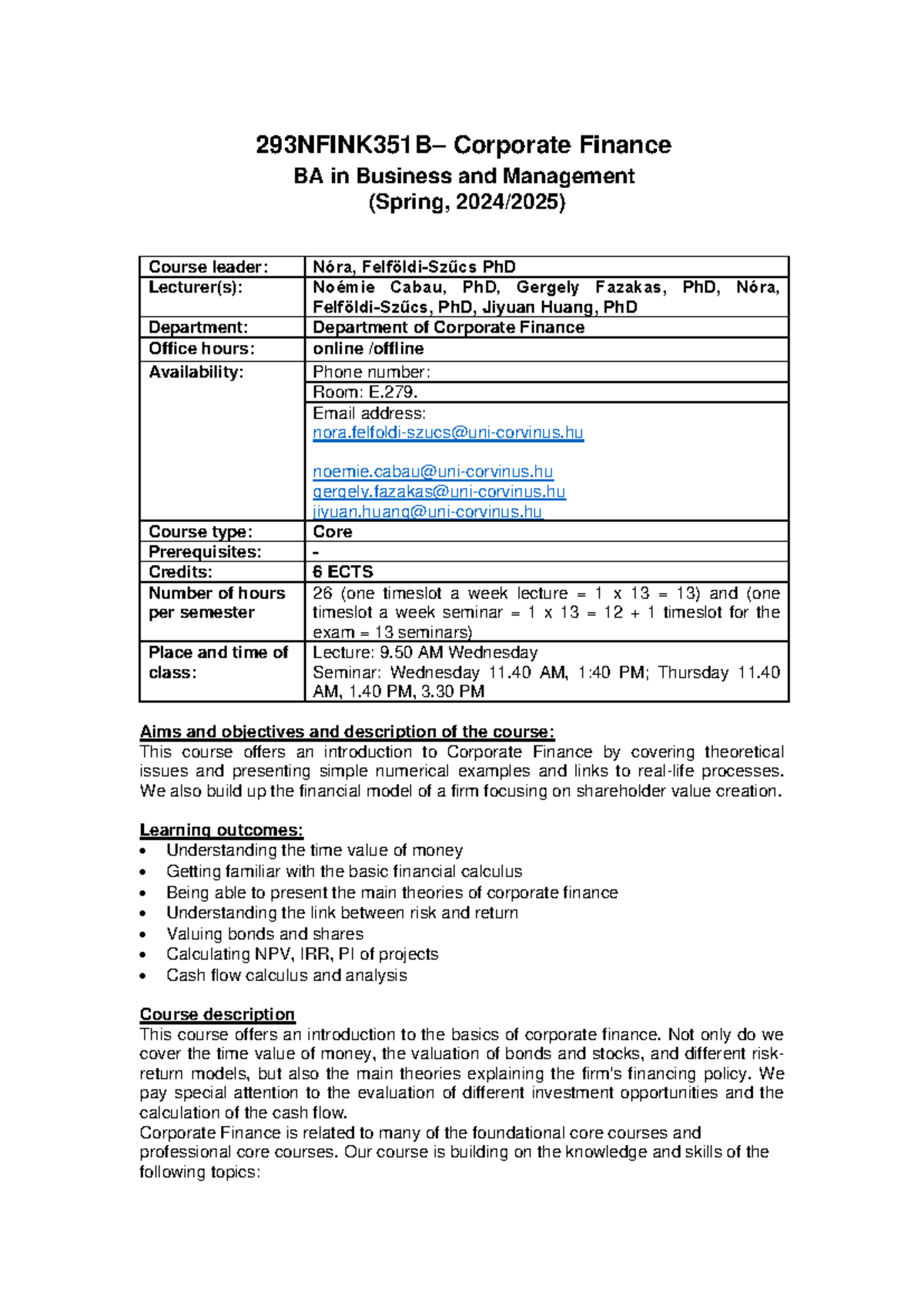 Corporate Finance BA in Business and Management Syllabus (Spring 2023 ...
