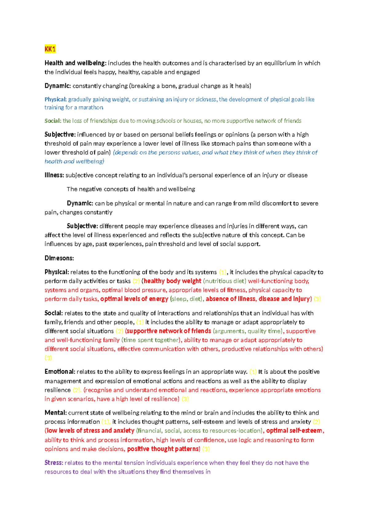 KK1 Health and Wellbeing: Study Notes on Dimensions and Indicators ...