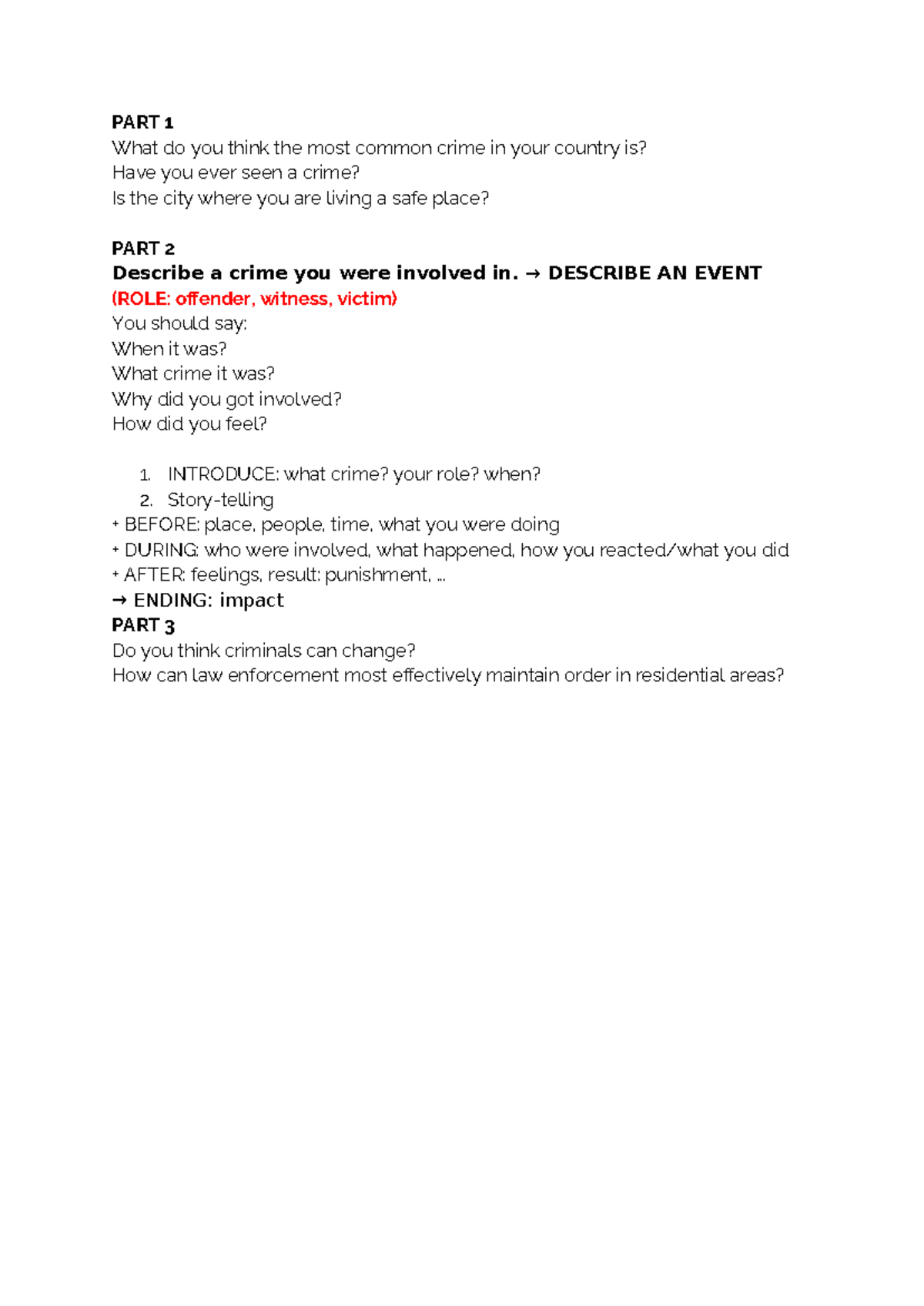 Speaking Notes on Crime: Common Crimes & Personal Experiences - Studocu
