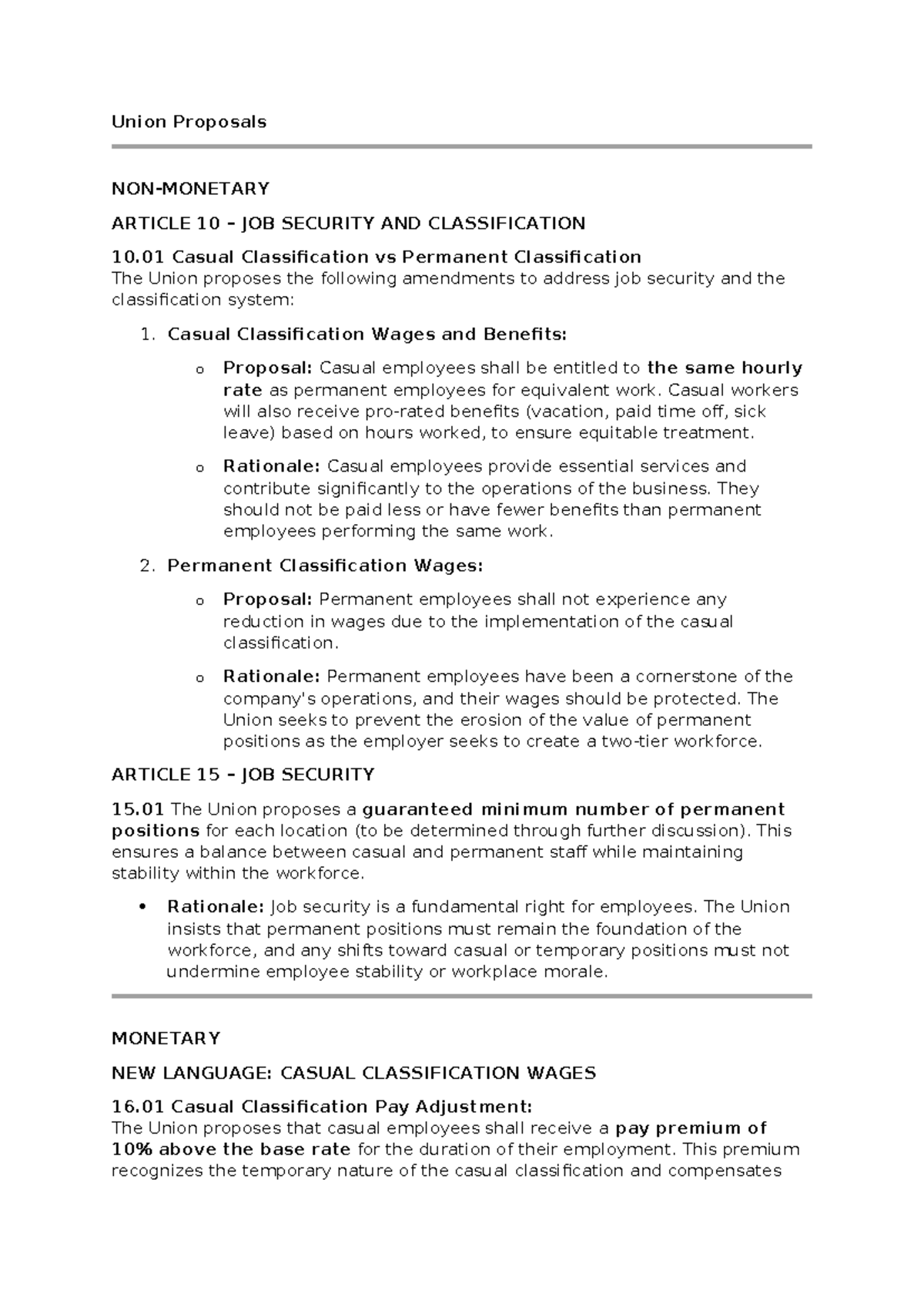 Union Proposals: Job Security and Classification Amendments - Studocu