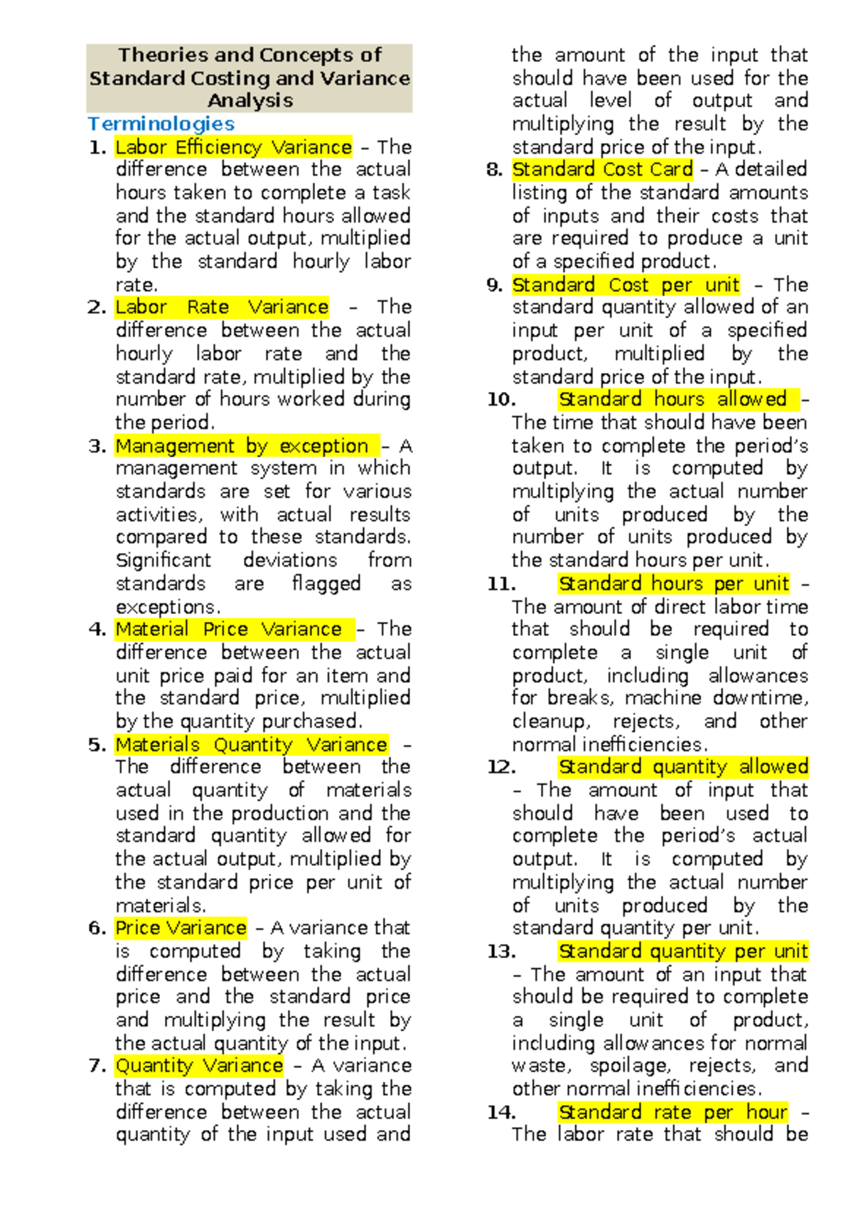 Standard Costing and Variance Analysis: Key Theories and Concepts - Studocu