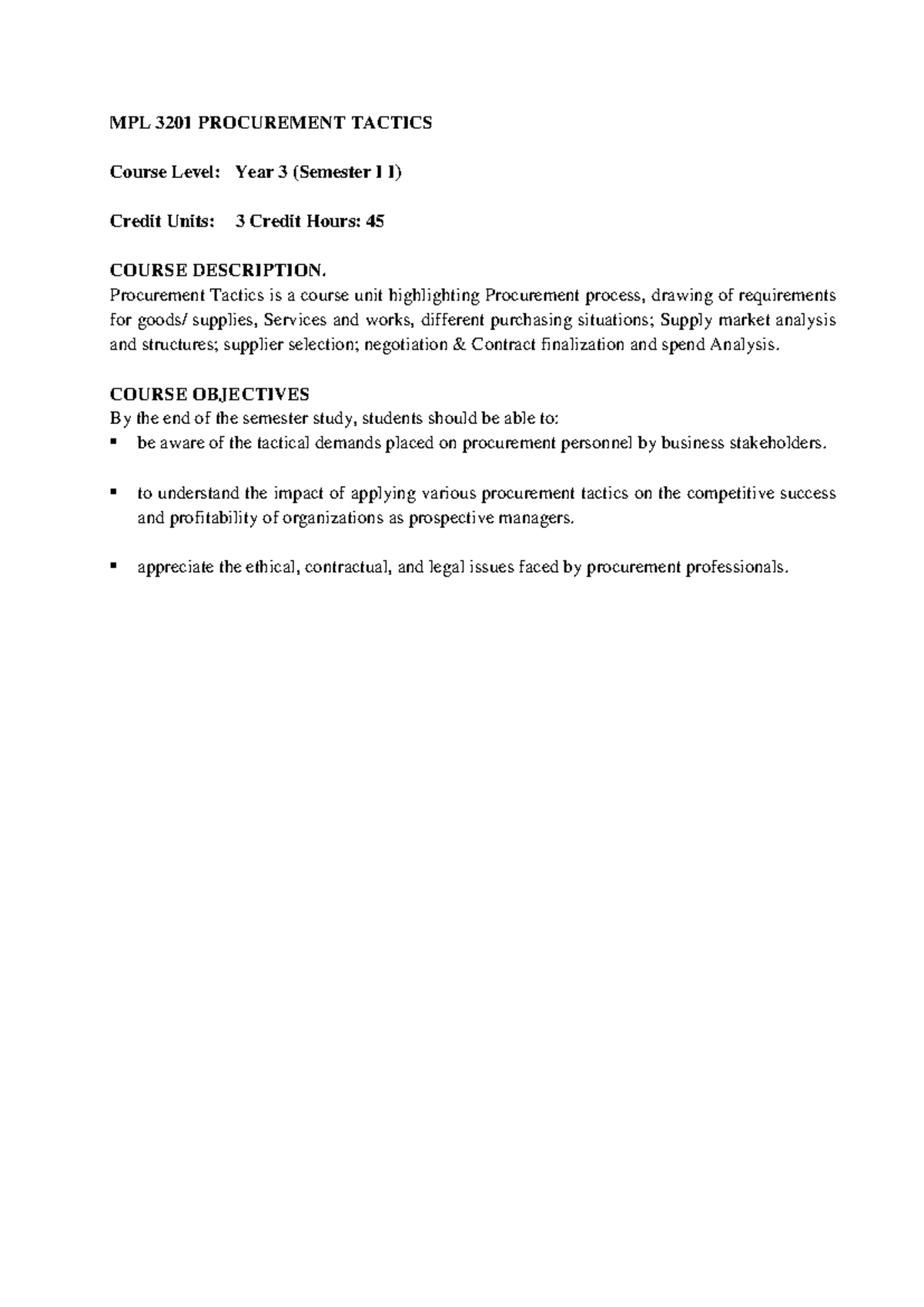 MPL 3201 Procurement Tactics - Comprehensive Study Notes (2020) - Studocu