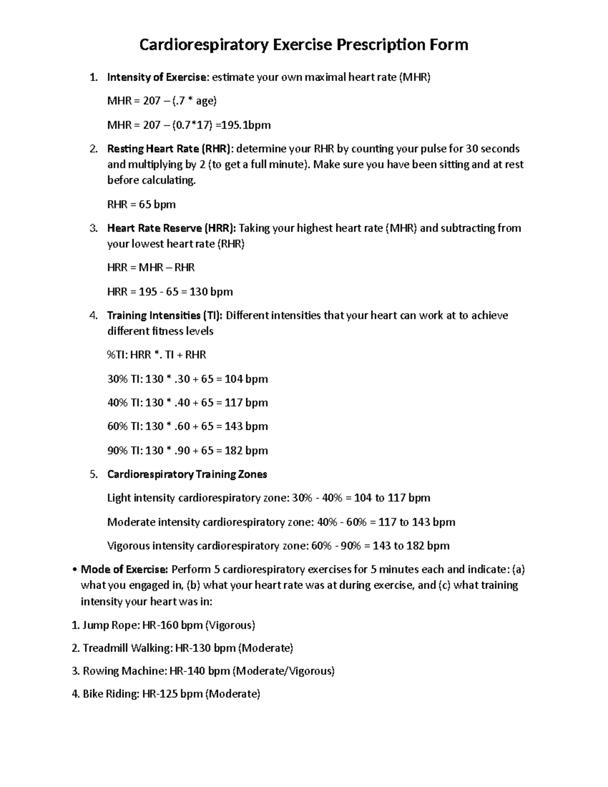 Cardiorespiratory Exercise Prescription Worksheet (Updated 2023-1 ...