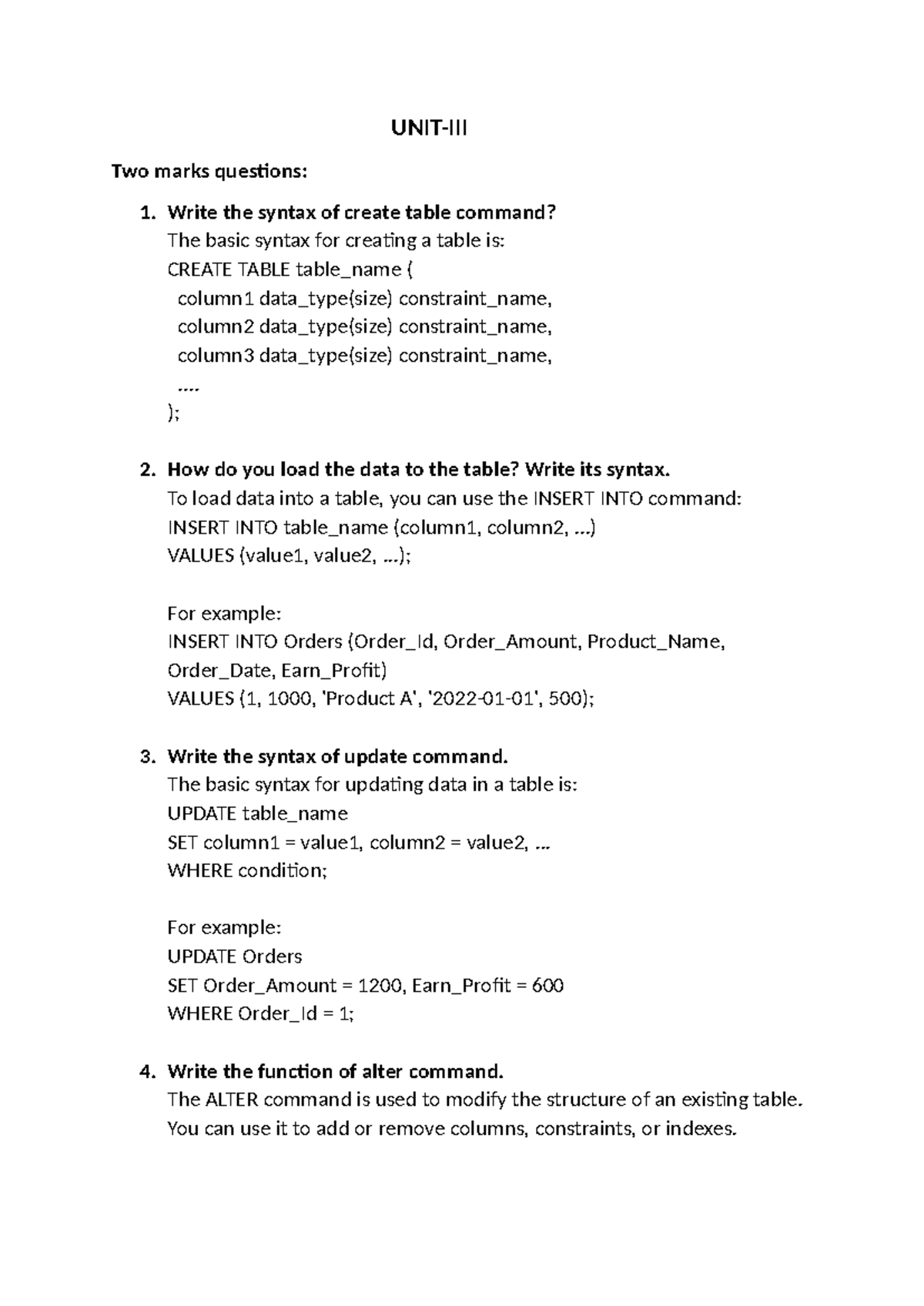 SQL Syntax and Commands: Two Marks Questions (Course Code: SQL101 ...