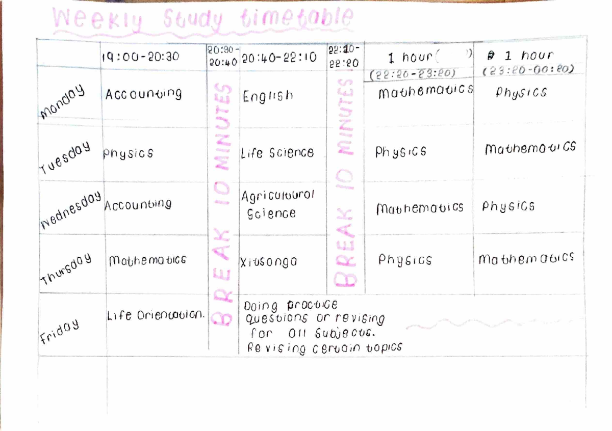 New Study Timetable - ·1 -1' q; 00-20: 0 o~ !Aceoun{),ng ~) oO~ Ph8s,cs ...