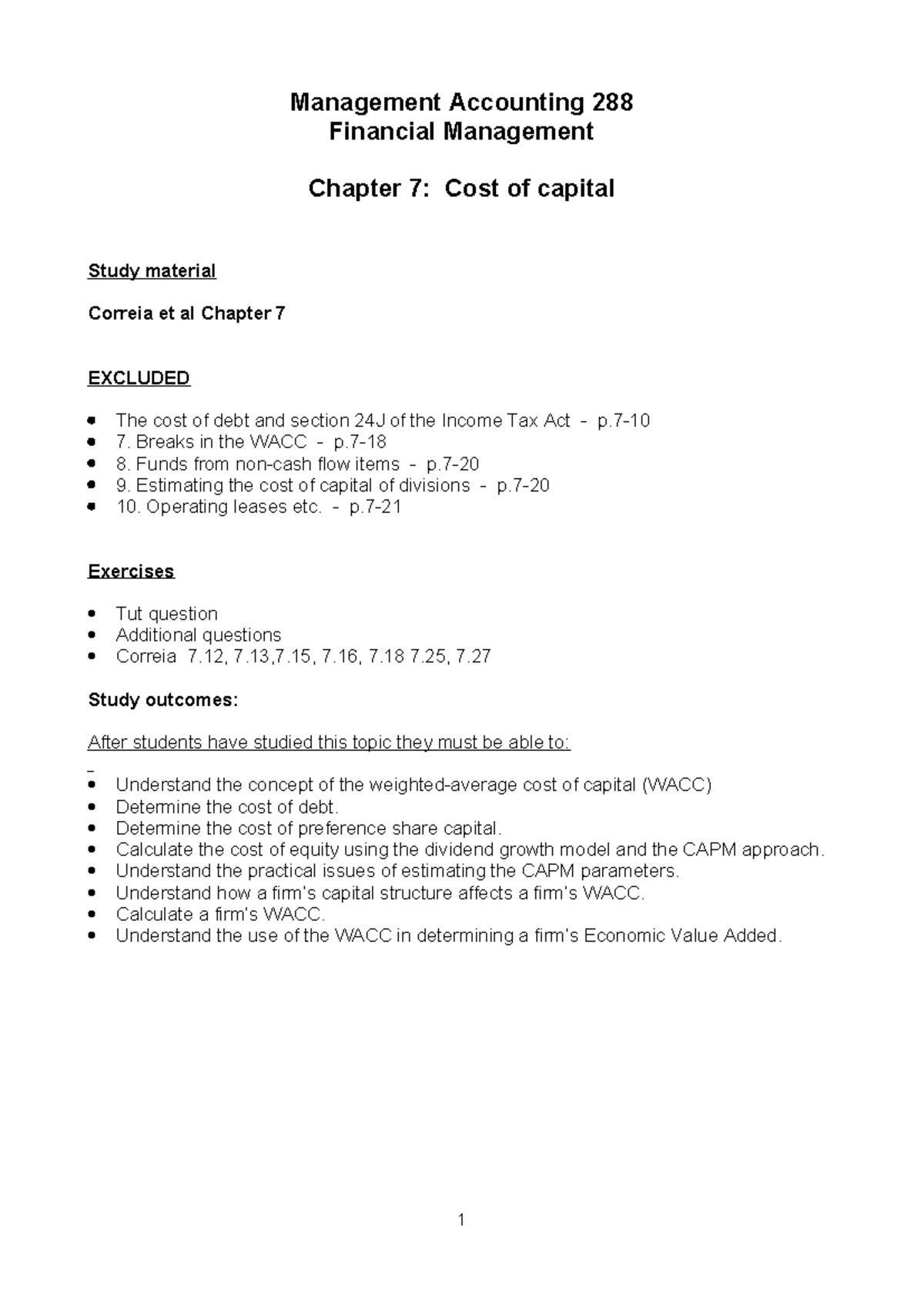 Management Accounting 288: Chapter 7 Cost of Capital Study Notes - Studocu