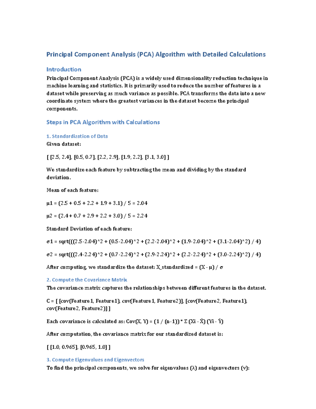 PCA Algorithm (ML 101): Detailed Steps & Calculations Guide - Studocu