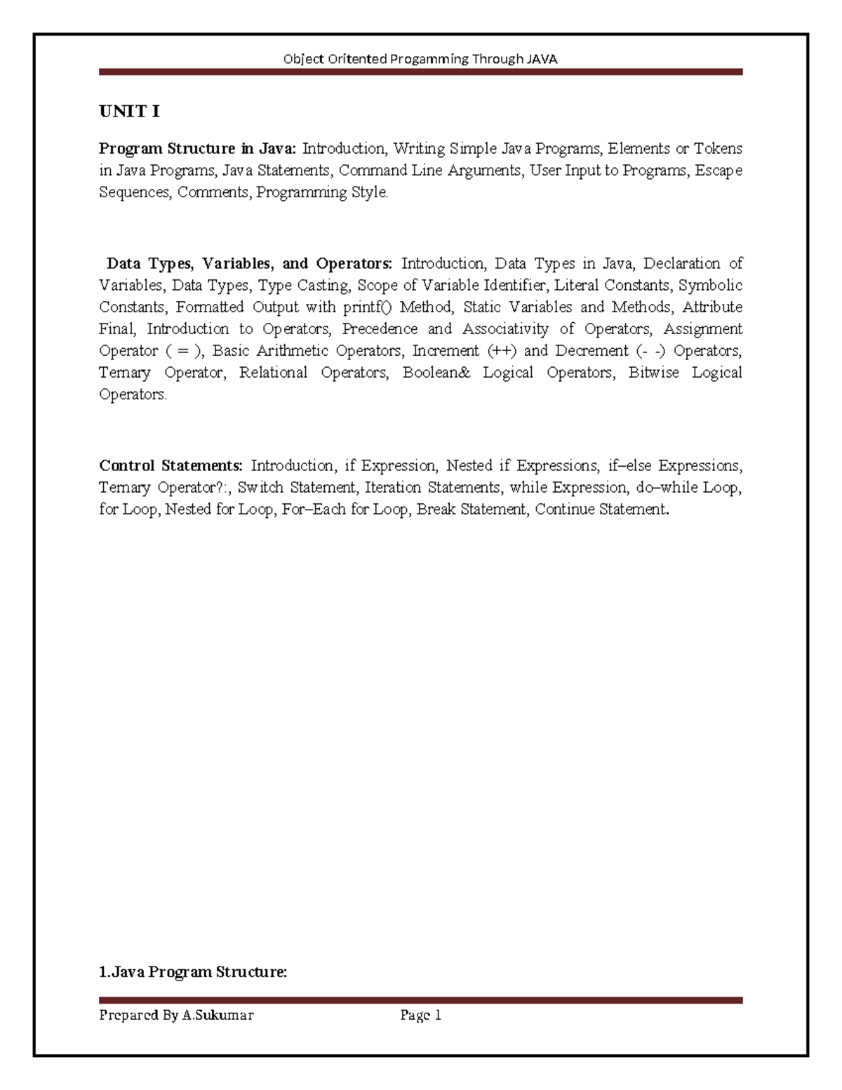 Object Oriented Programming Through JAVA (CS101) - UNIT I Notes - Studocu