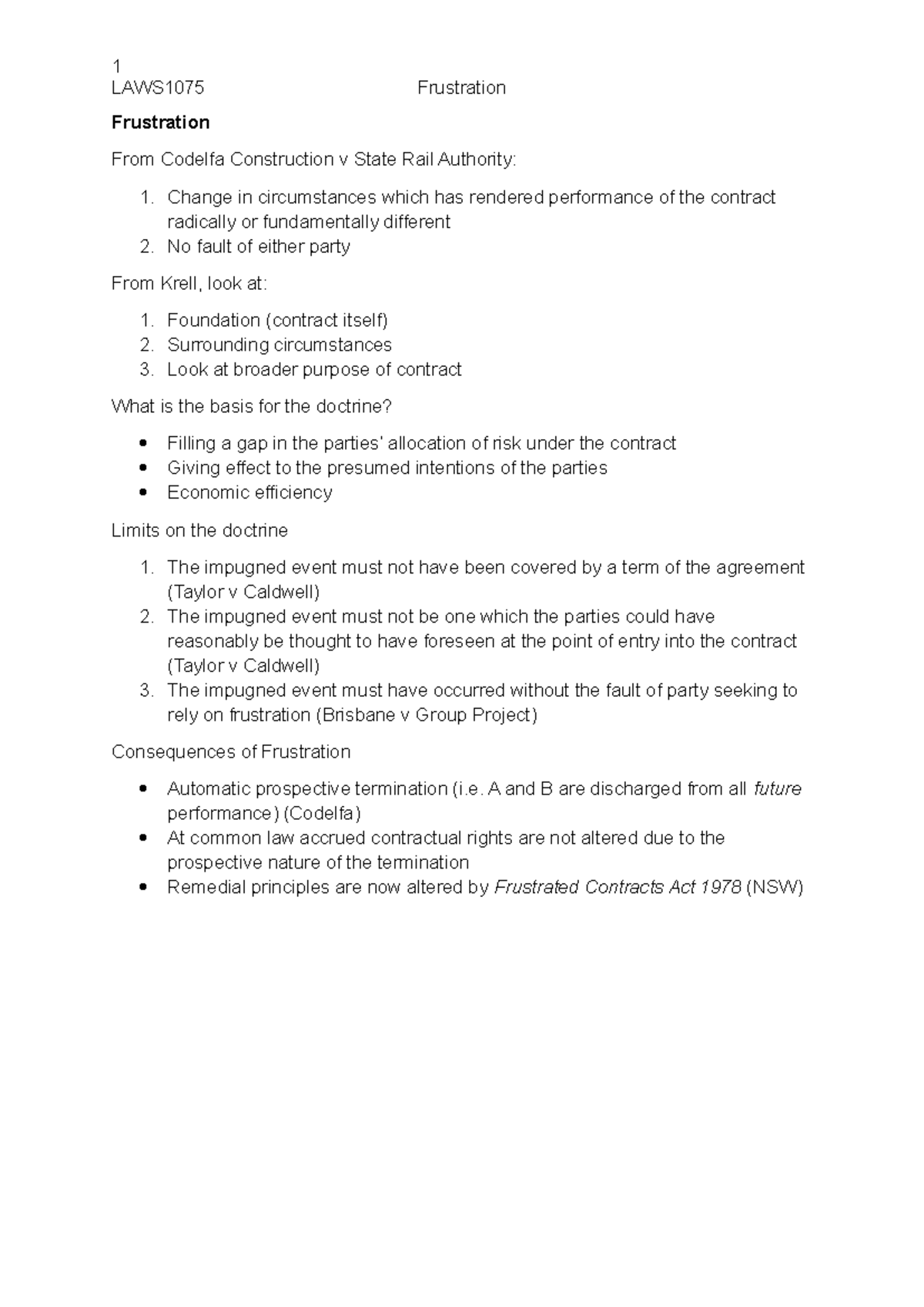 1 LAWS1075 Final Exam Notes on Frustration in Contract Law - Studocu