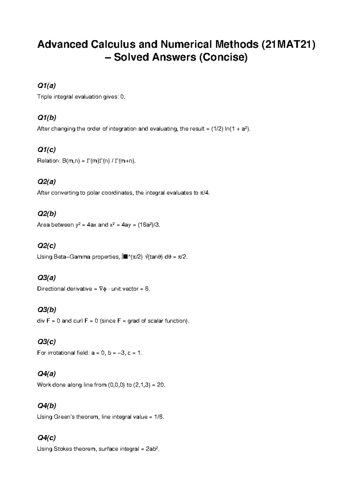 Advanced Calculus and Numerical Methods (21MAT21) Solved Answers - Studocu