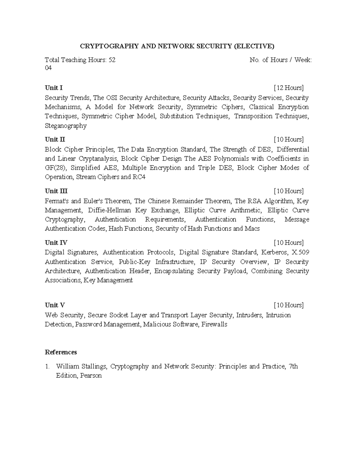 Cryptography and Network Security Syllabus - Elective Course Overview ...