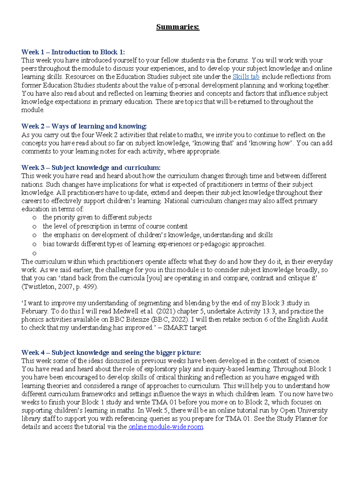 E209 - Summaries: Developing Subject Knowledge in Primary Education ...