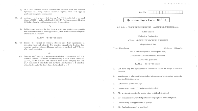 ME 3591 - Design of Machine Elements Exam Paper - Nov 2023 - Studocu