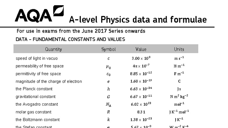 AQA 74081 INS JUN23 - Physics Data and Formulae for Exams - Studocu