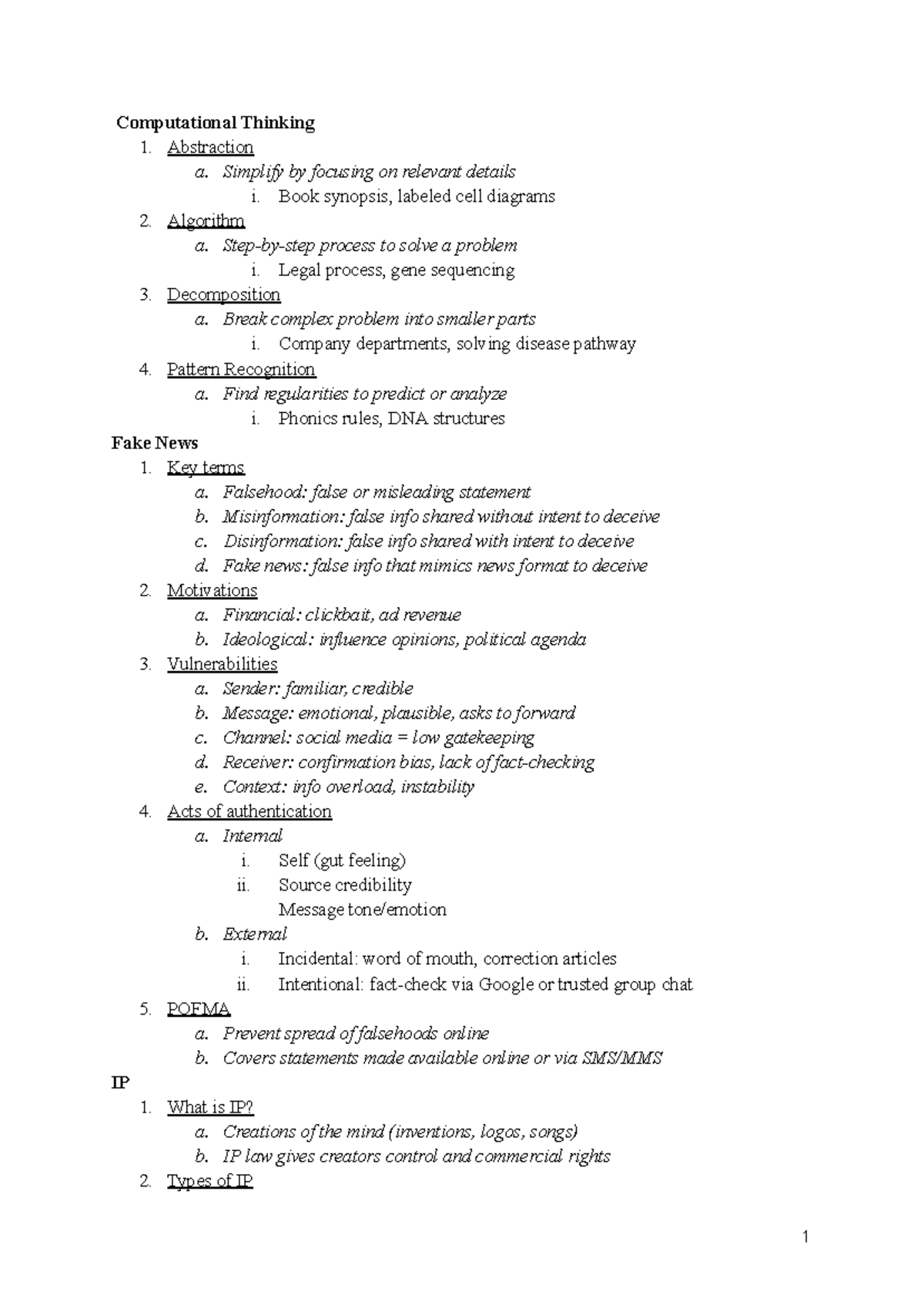 CC2 Notes - Computational Thinking 1. Abstraction a. Simplify by ...