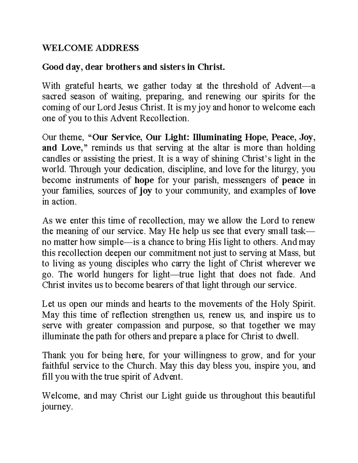 Advent Recollection Welcome Address: Illuminating Hope & Service - Studocu