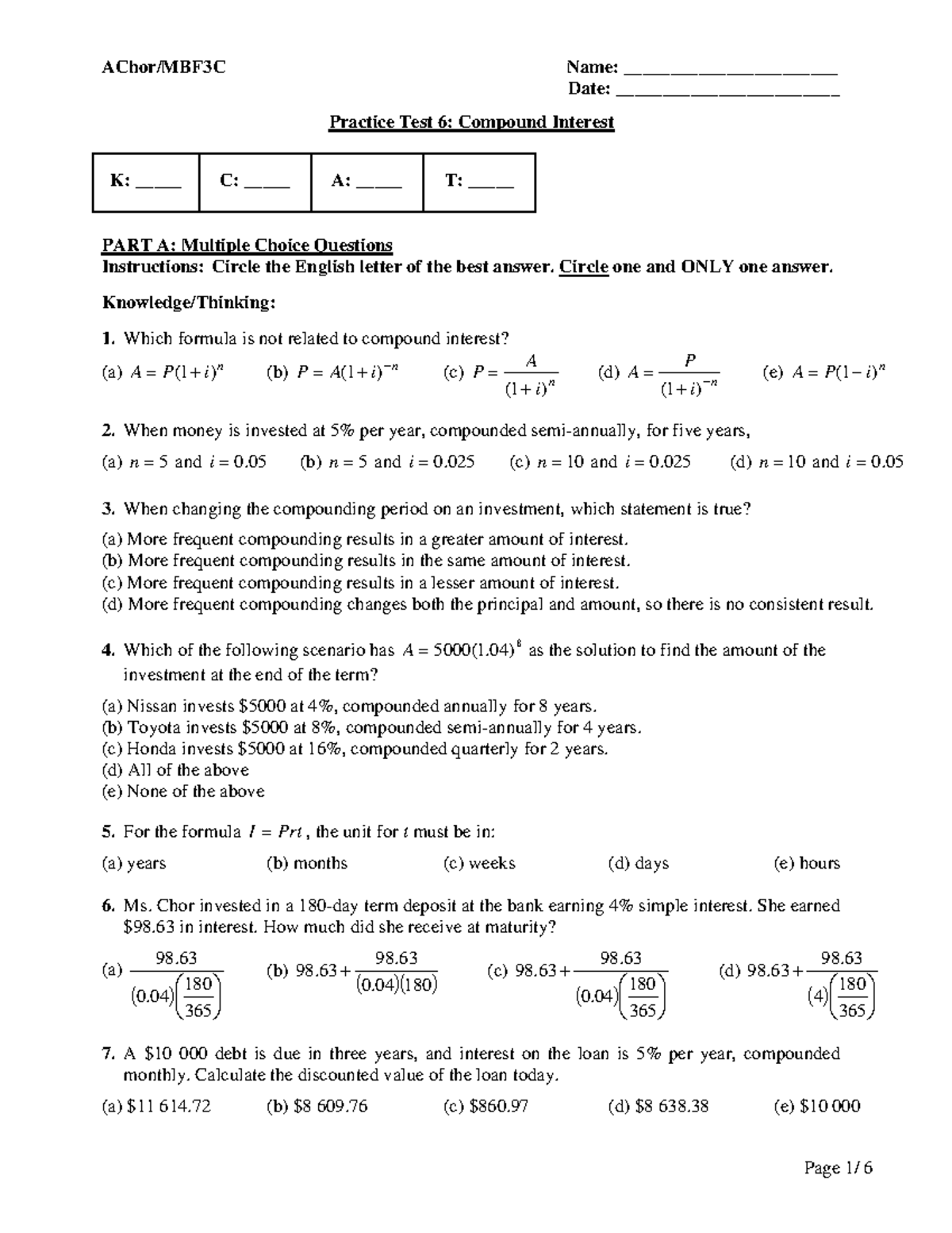 Practice Test 6: Compound Interest Concepts and Applications - Studocu
