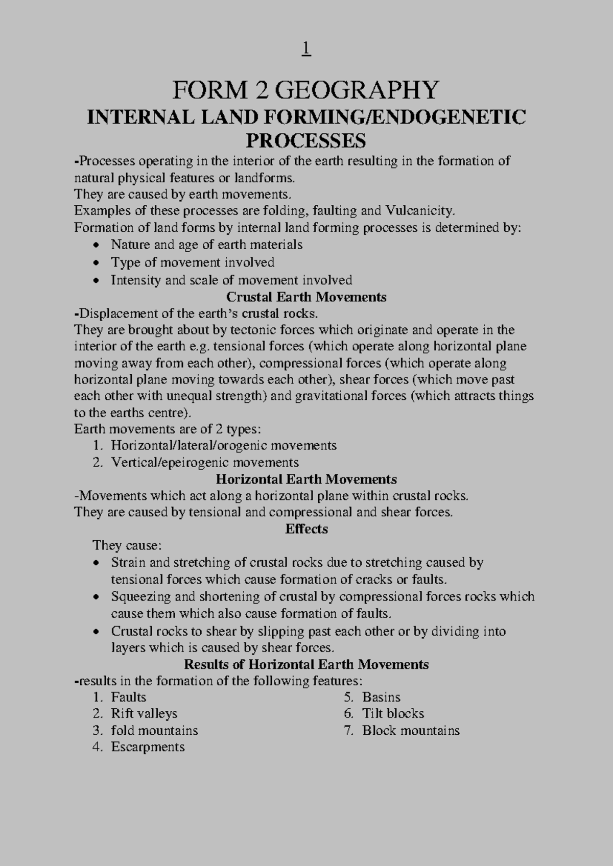 FORM 2 GEOGRAPHY: Internal Land Processes and Their Effects - Studocu