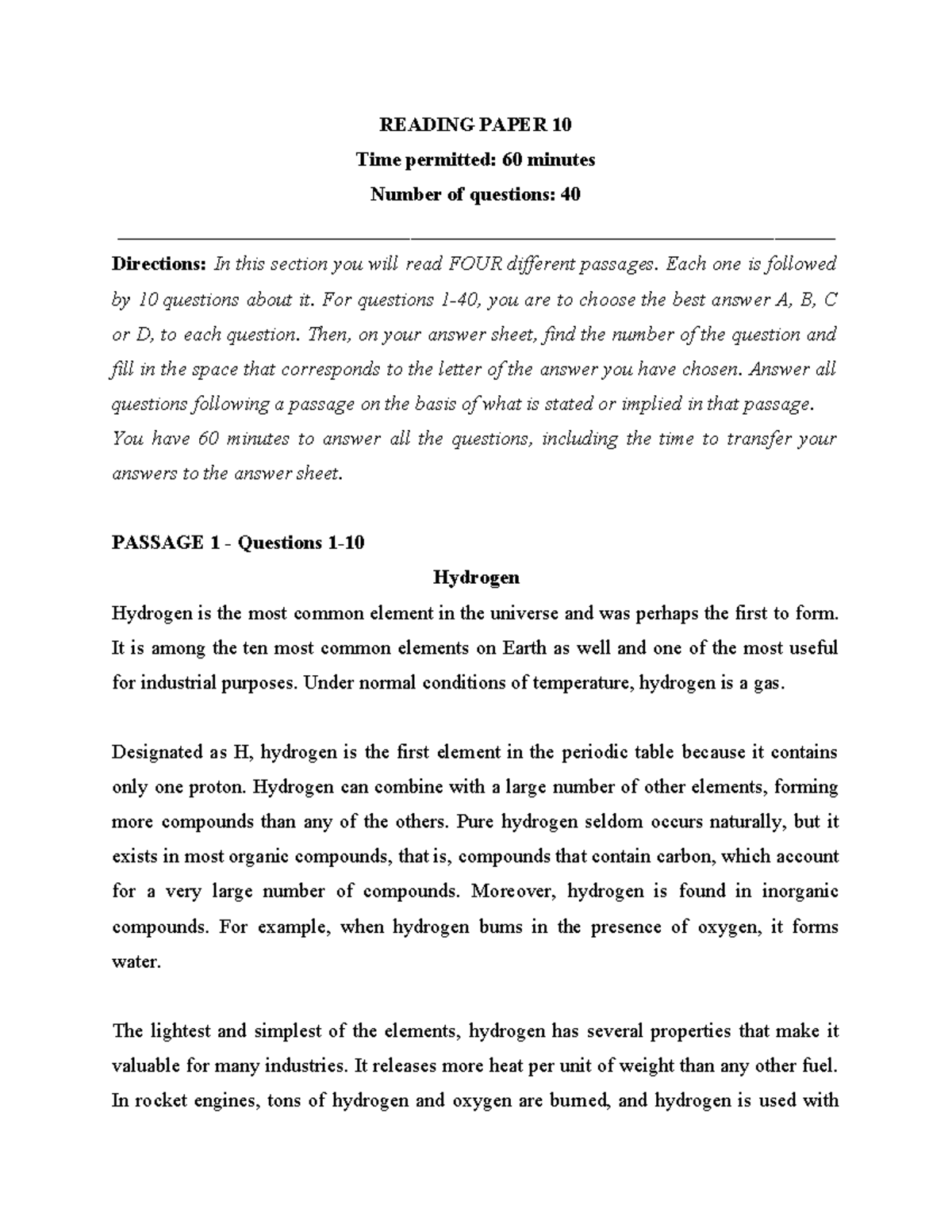 Reading test 10 - no anything - READING PAPER 10 Time permitted: 60 ...