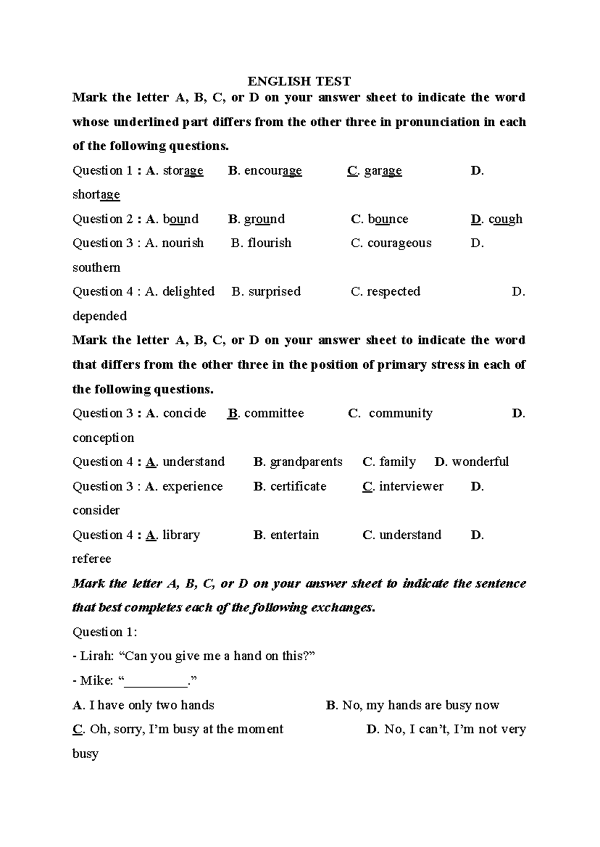 English TEST - Pronunciation and Sentence Completion Exercises - Studocu