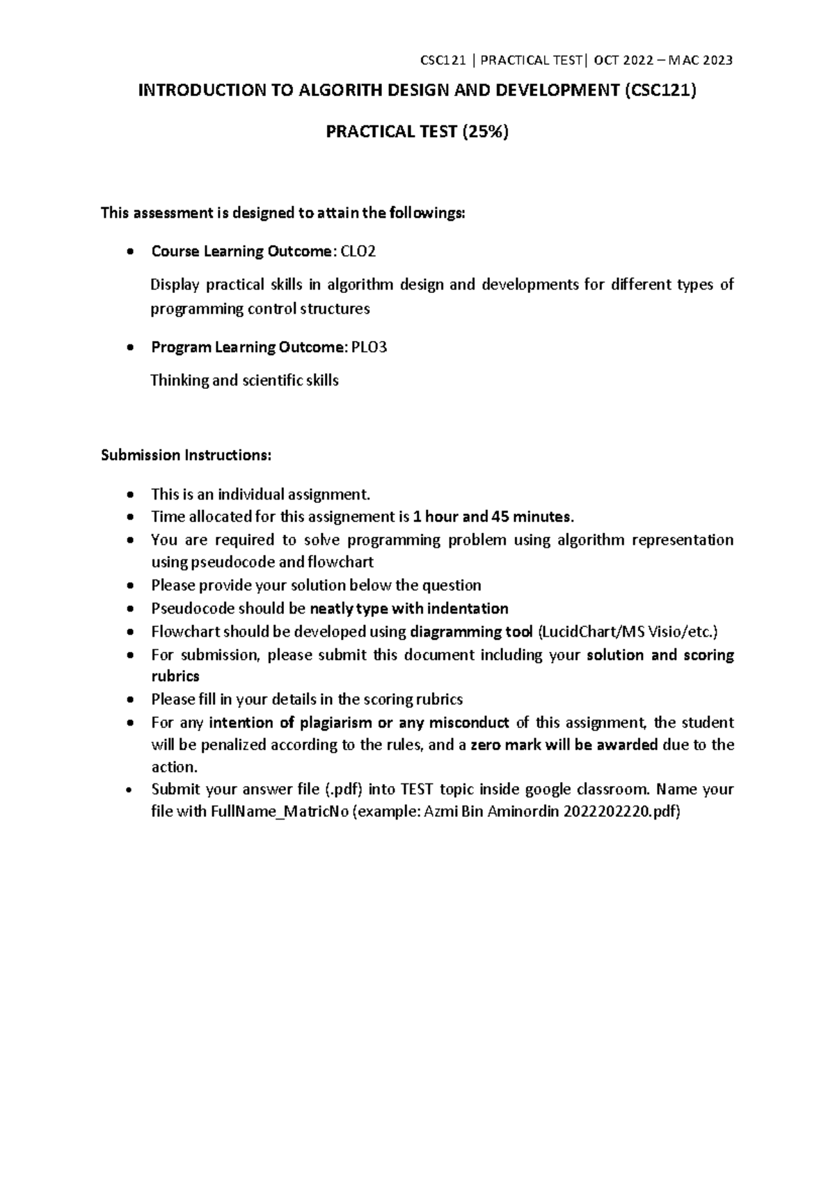 Csc121 Practical Test Oct 2022 Algorithm Design Development Studocu