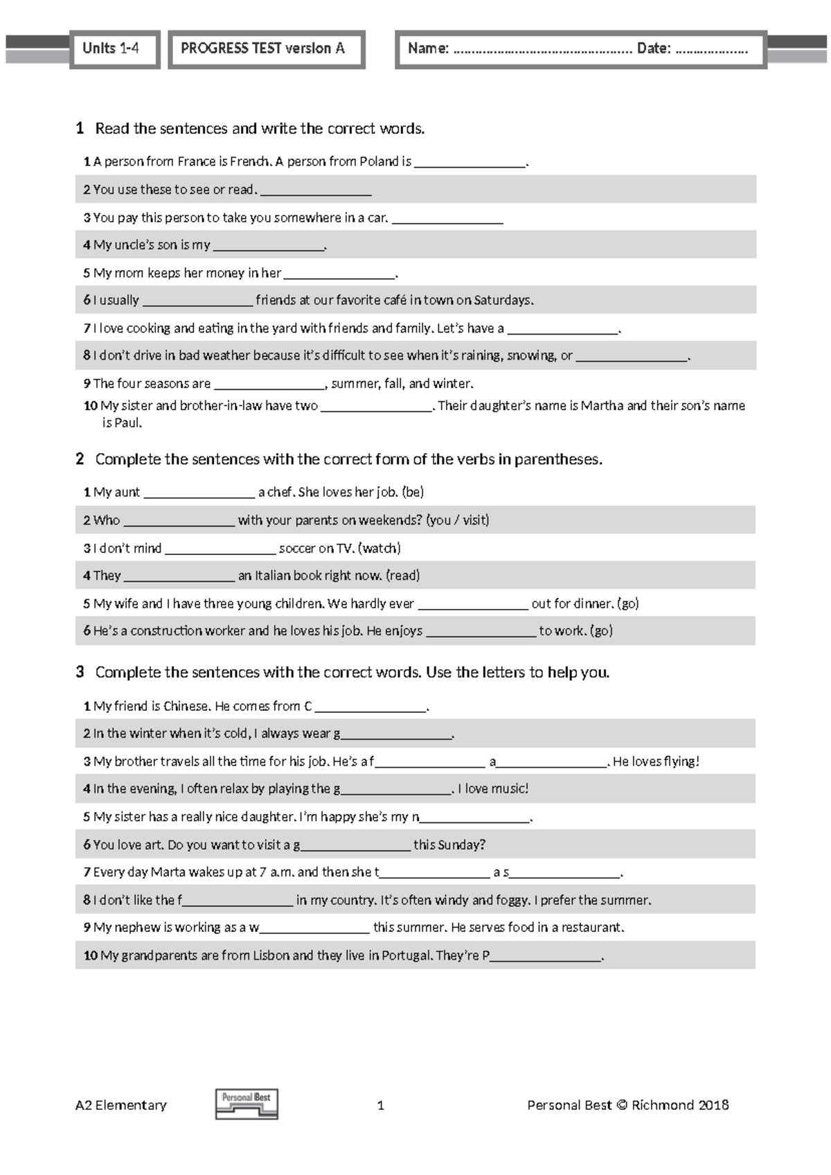PB Am E A2 Term Test Units 1-4 Version A - Studocu