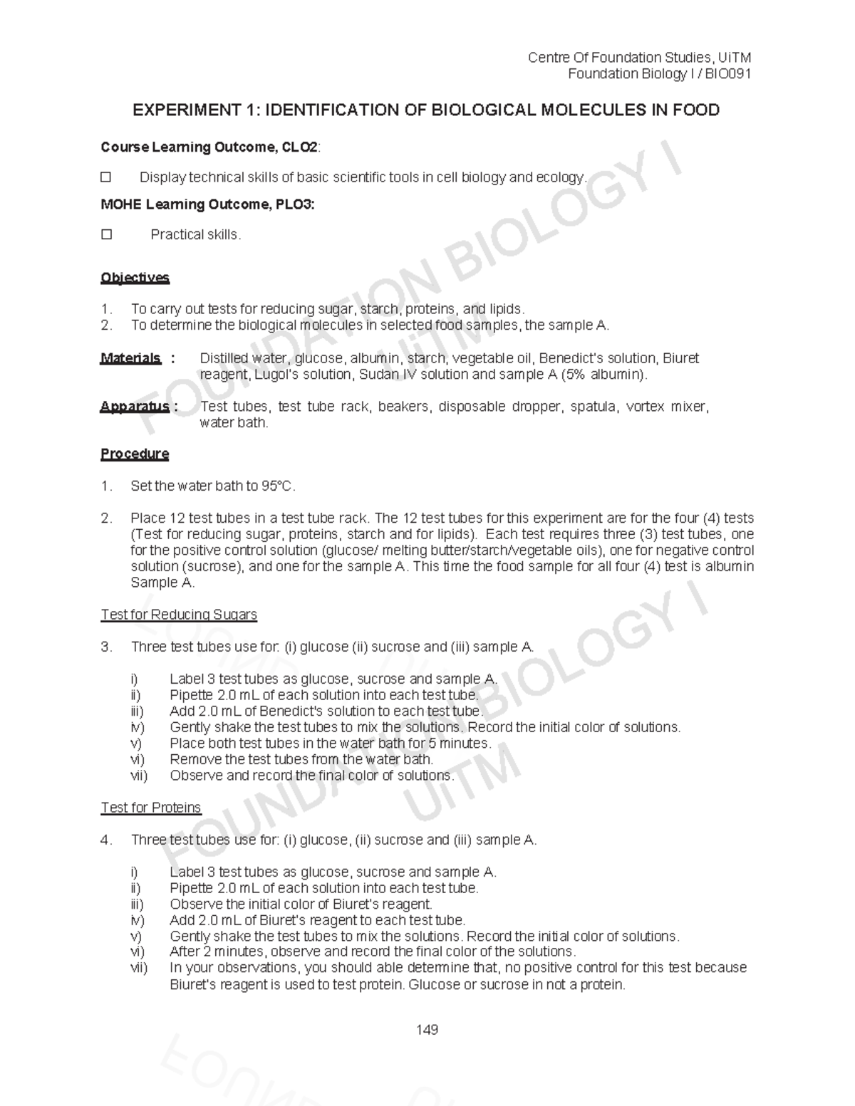 Experiment 1: Identification of Biological Molecules in Food - BIO091 ...