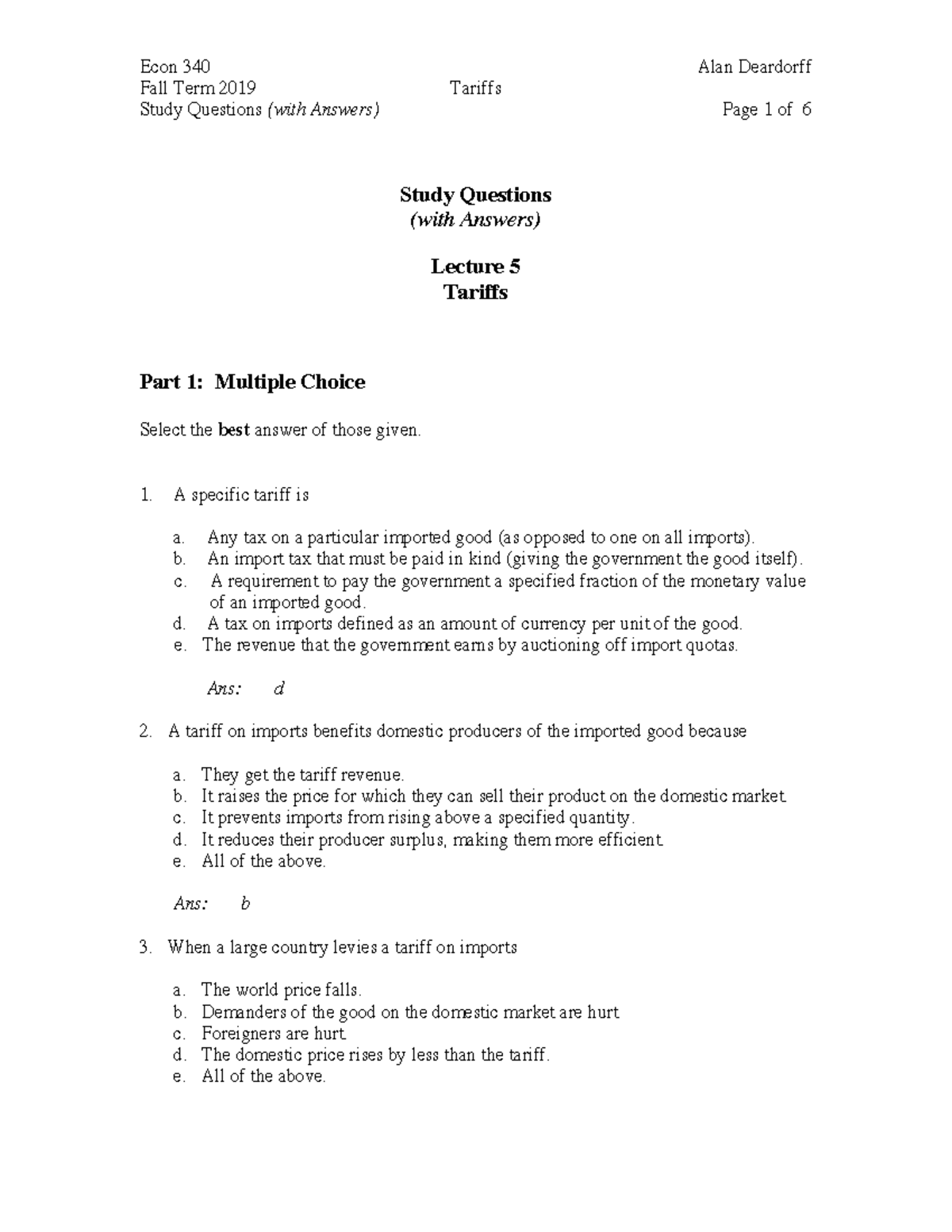 Tariffs in world trade - Fall Term 2019 Tariffs Study Questions (with ...