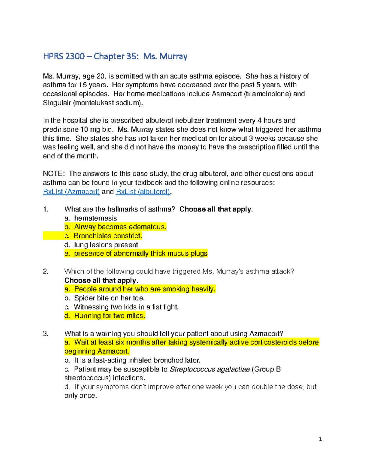 HPRS 2300 FA22 - Ms. Murray's Case Study on Asthma Management - Studocu