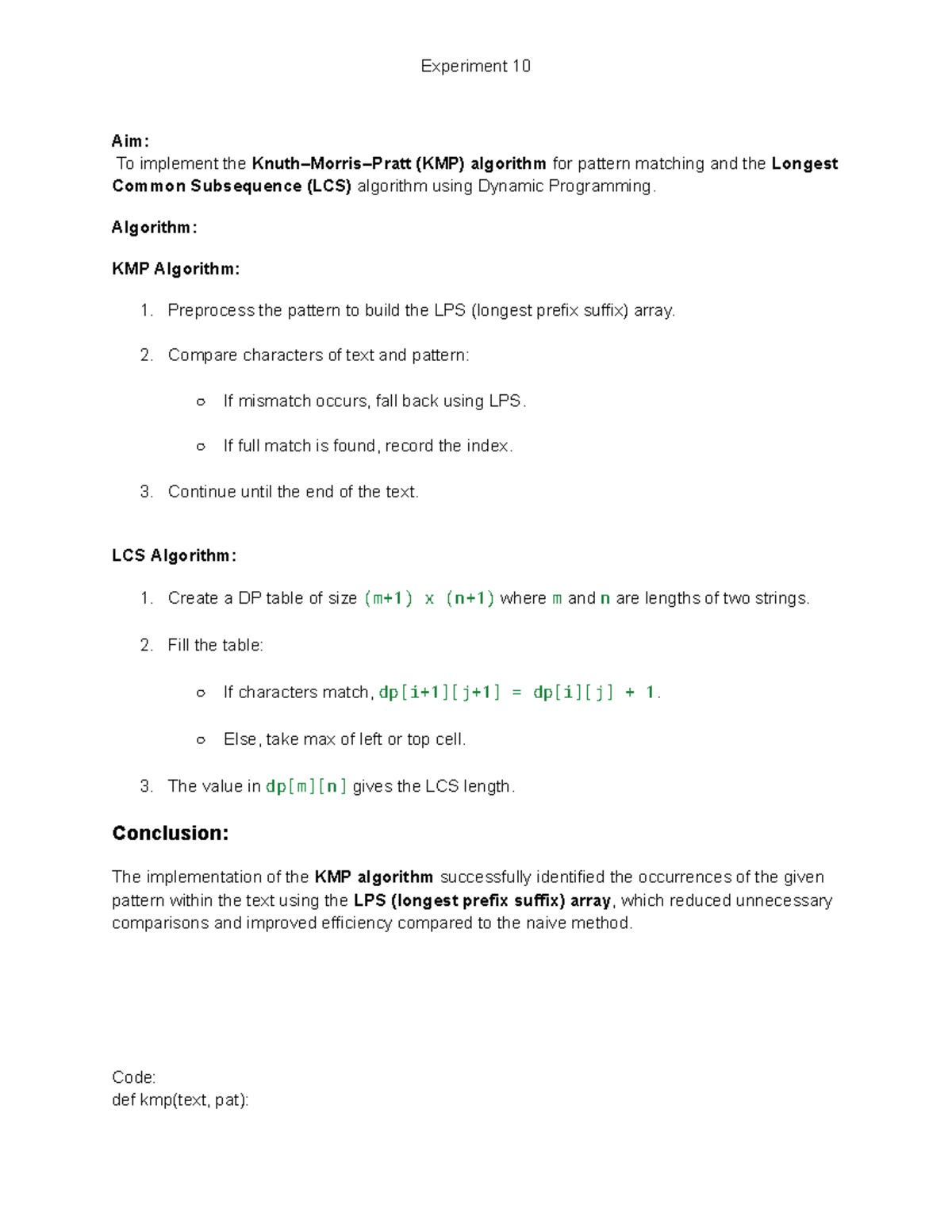 Aoa Exp 10 - KMP & LCS Algorithms Implementation Notes - Studocu