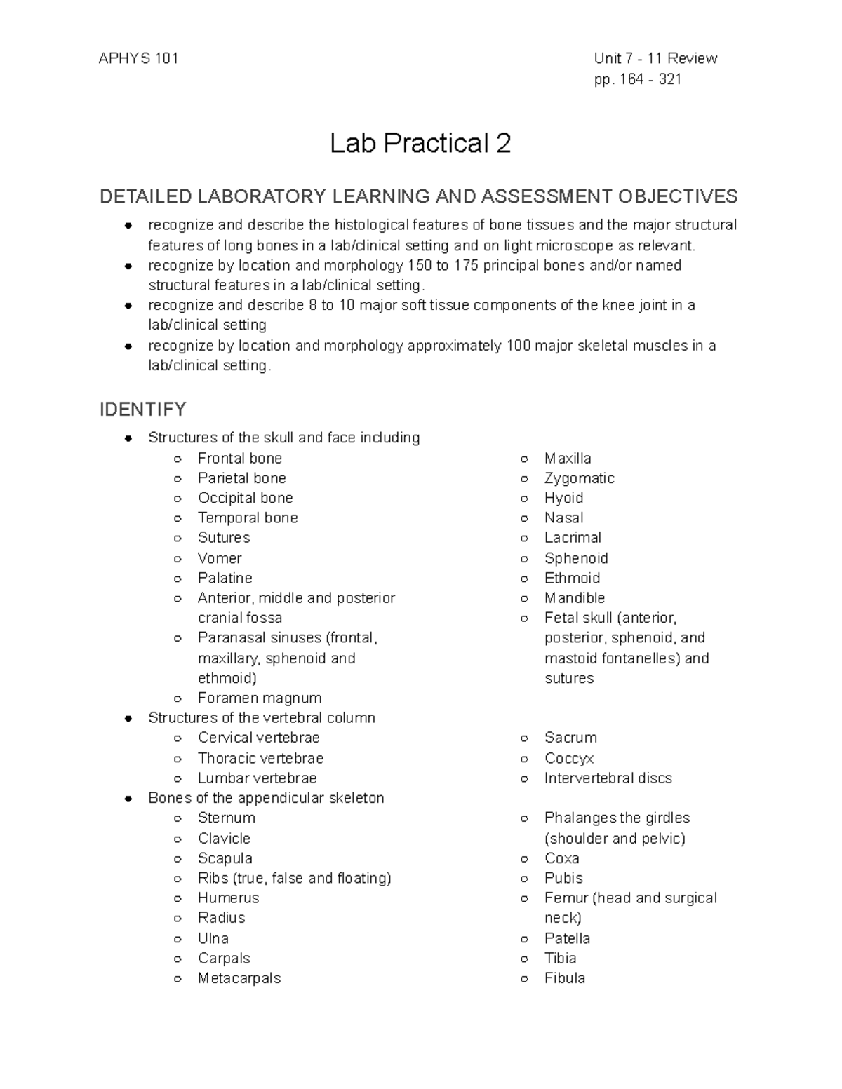 2 Lab Practical Review Sheet - APHYS 101 Unit 7 - 11 Review pp. 164 ...