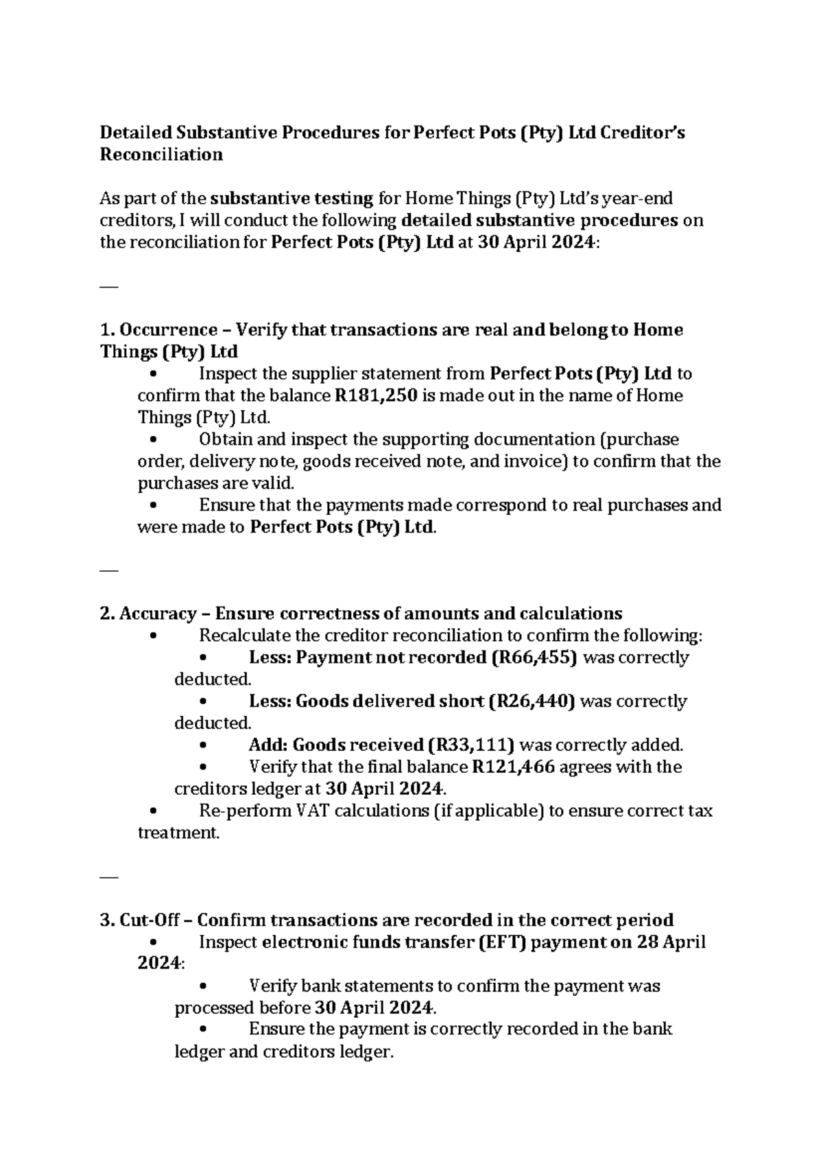 Document - Auditing coursework - Detailed Substantive Procedures for ...