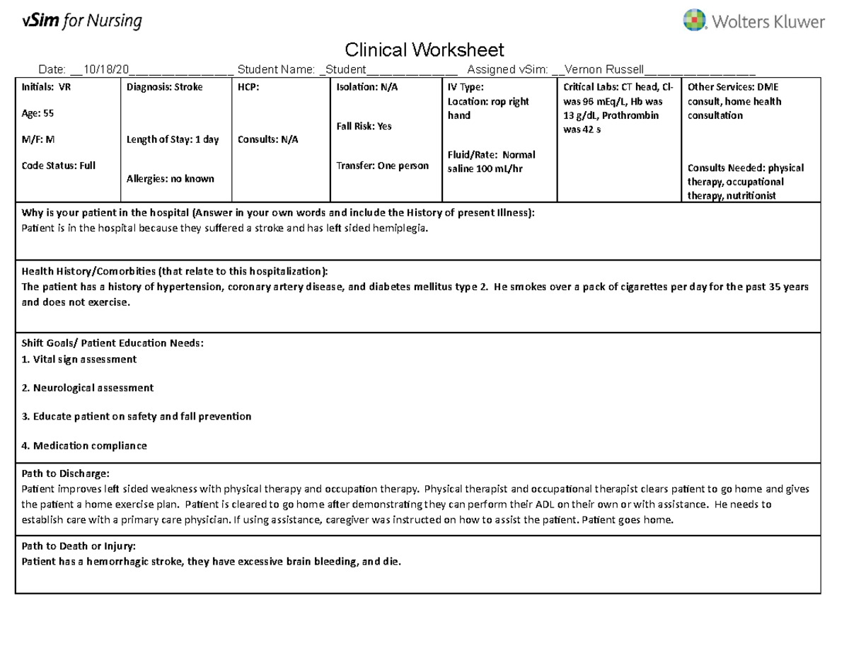 VR Clinical Worksheet: Stroke Management & Patient Care Plan - Studocu