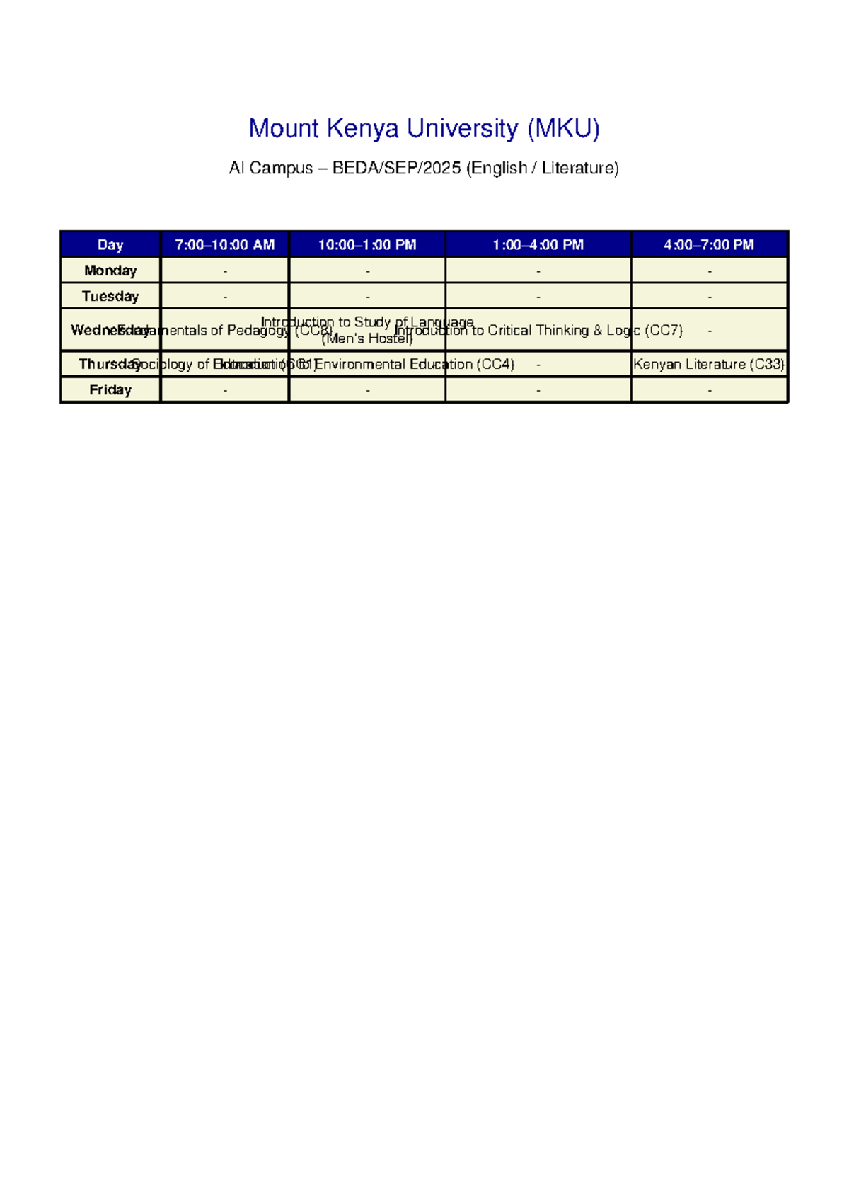 MKU AI BEDA SEP 2025 ENG LIT Timetable - Description of modern English ...