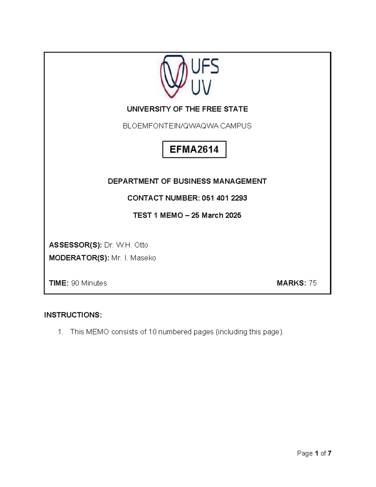 EFMA2614 Test 1 2025 - Solutions and Memo for Students - Studocu