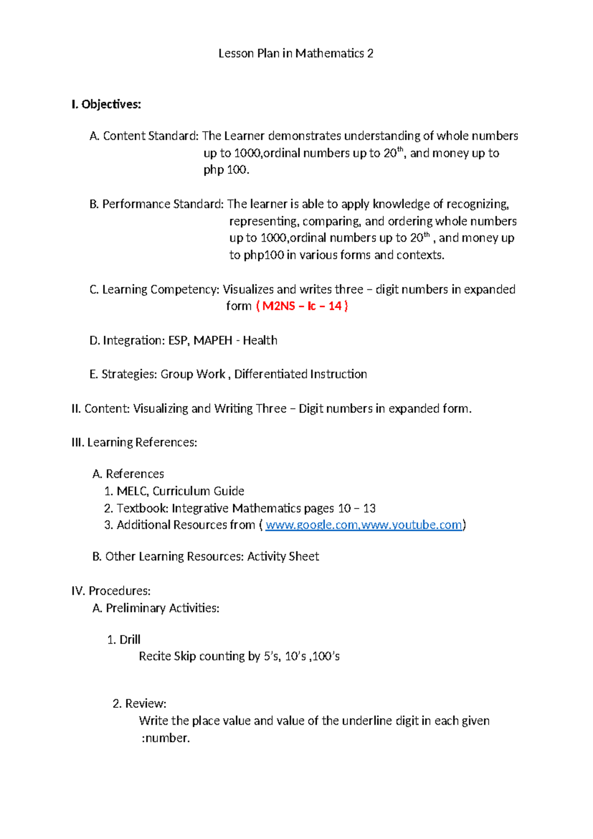 MATH 1ST DEMO - Lesson Plan on Whole Numbers and Expanded Form - Studocu