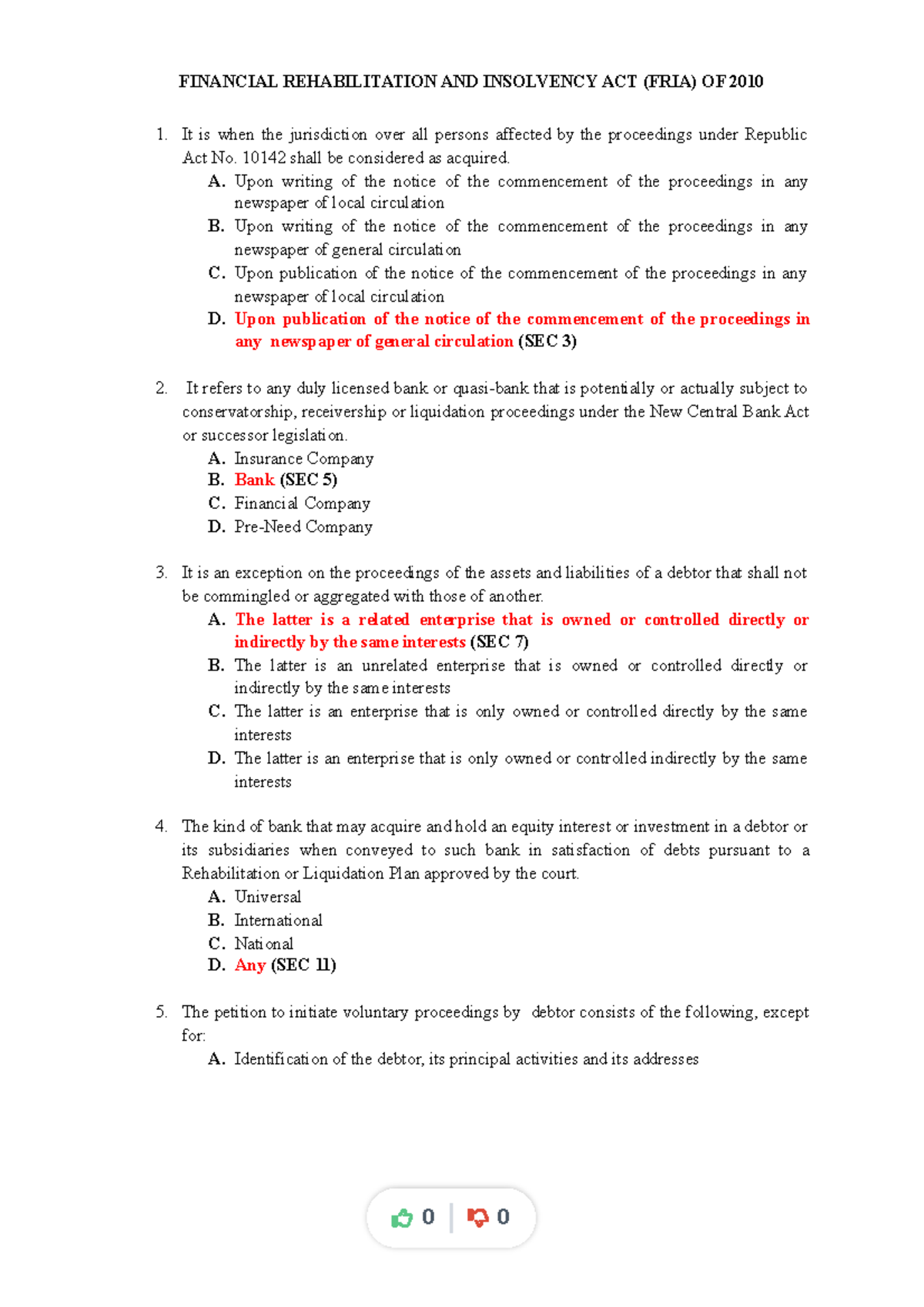 FRIA 2010: Key Questions on Financial Rehabilitation & Insolvency - Studocu