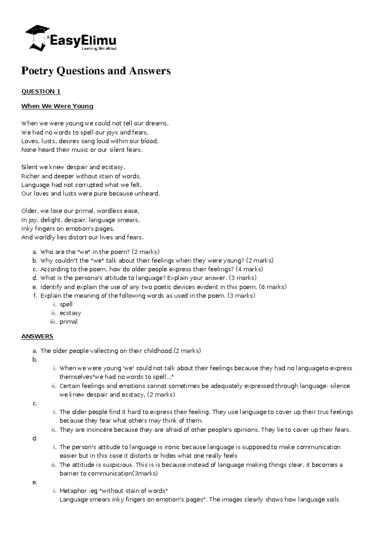 Poetry Questions and Answers - Hs Poetry 7032 - Studocu