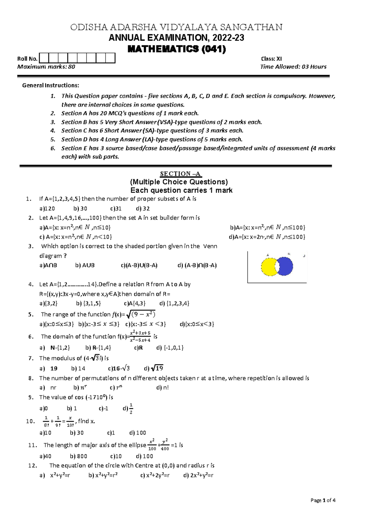XI Mathematics Annual Exam Question Paper 2023 - Class XI (041) - Studocu