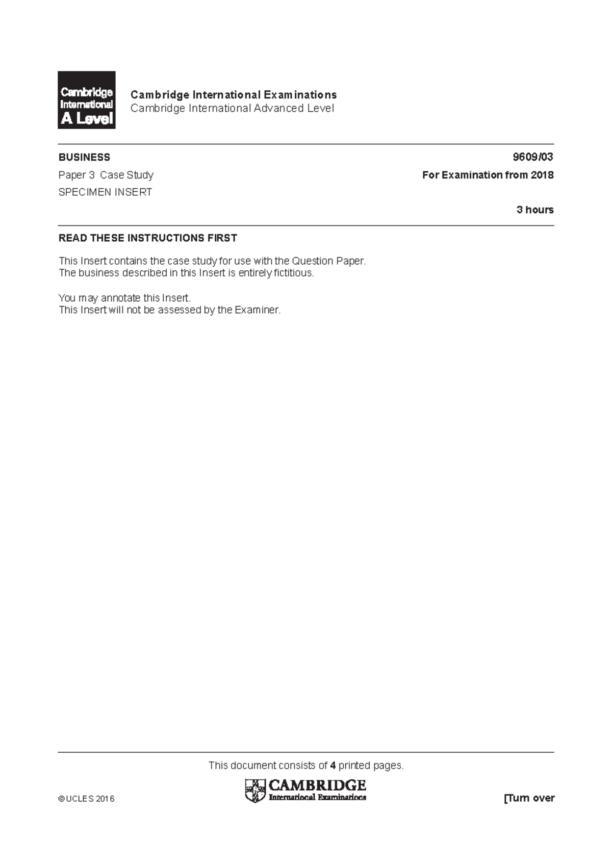 9609 y18 si 3 - Specimen Paper Past paper of business A level CAIE ...