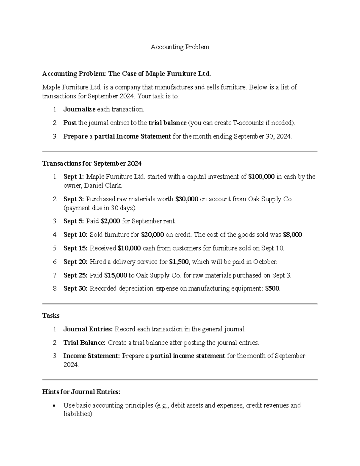 ACC 101: Accounting Problem - Transactions for Maple Furniture Ltd ...