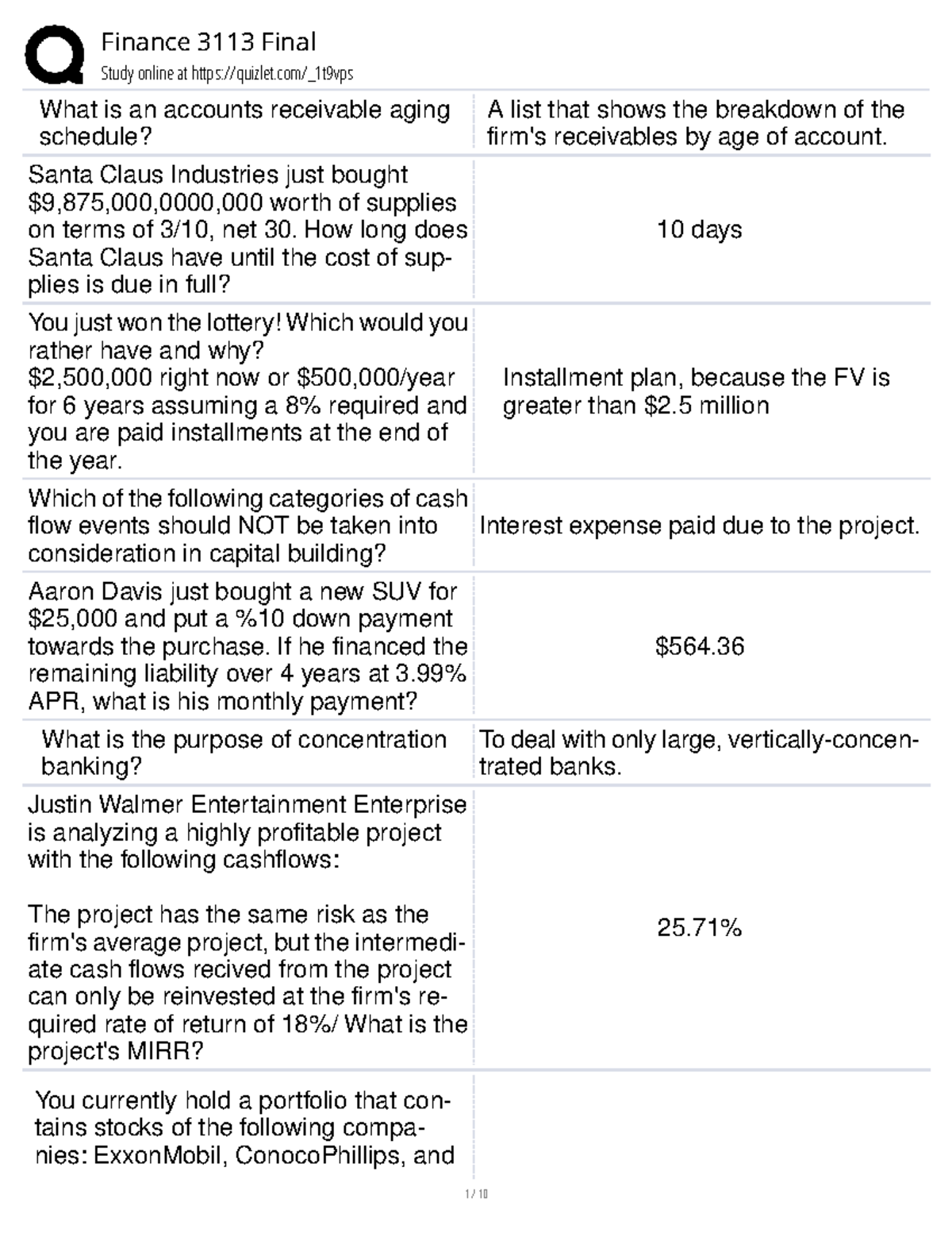 Finance 3113 Final Exam Study Guide: Key Concepts and Calculations ...