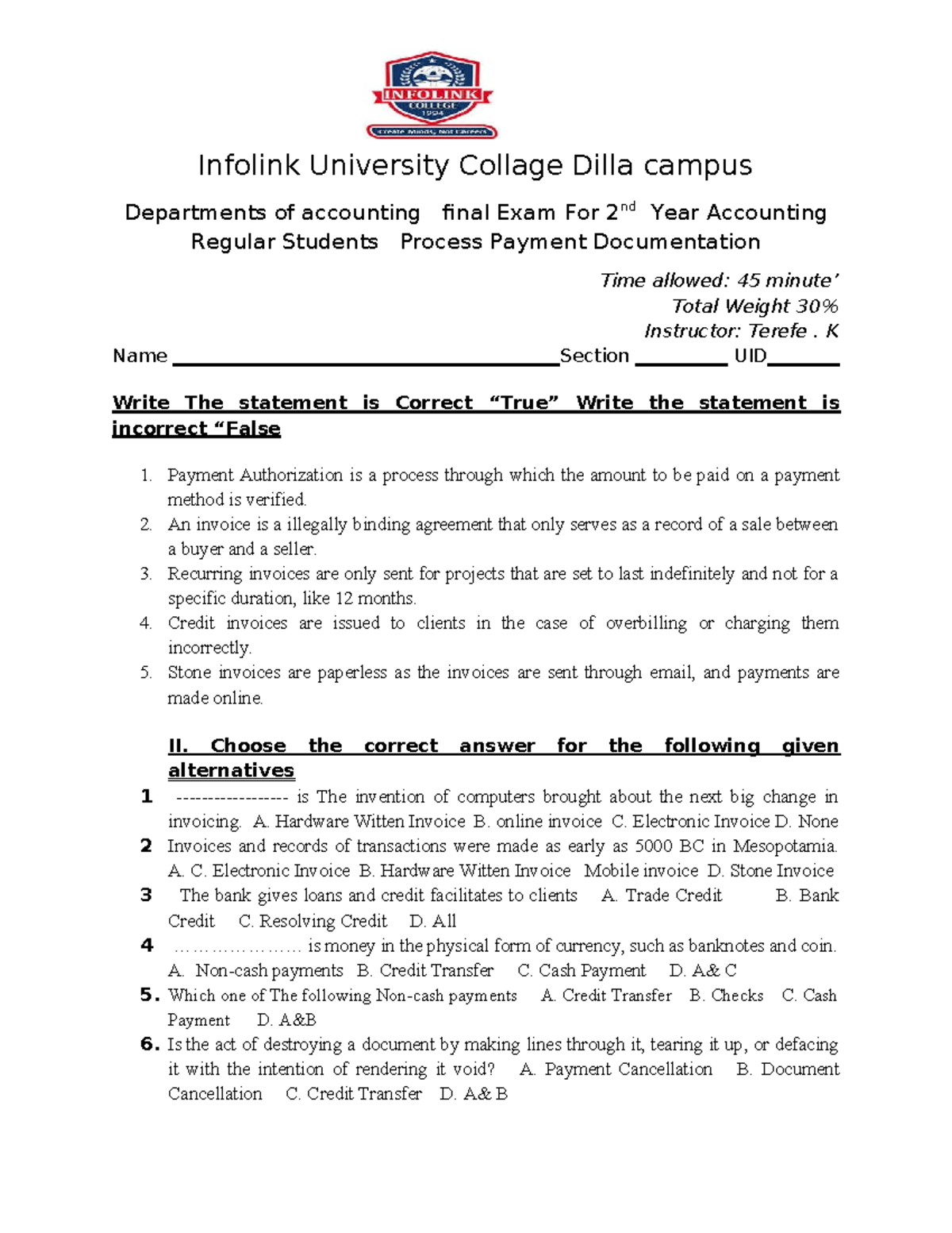 Accounting 2nd Year Payments Final Exam Guide - Studocu