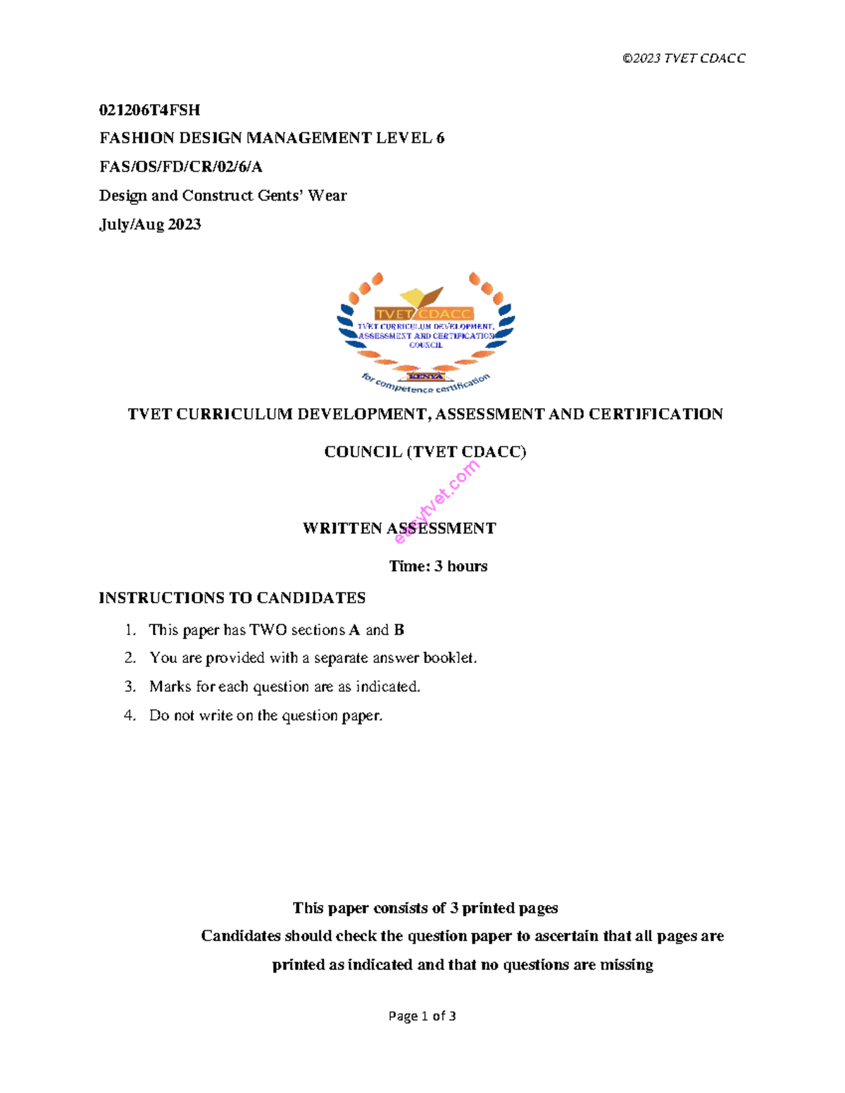 TVET CDACC 021206T4FSH Fashion Design Management Level 6 Written ...