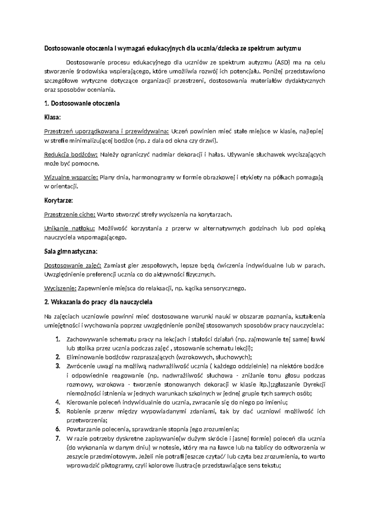Dostosowanie wymagań edukacyjnych dla uczniów z autyzmem ASW - Studocu